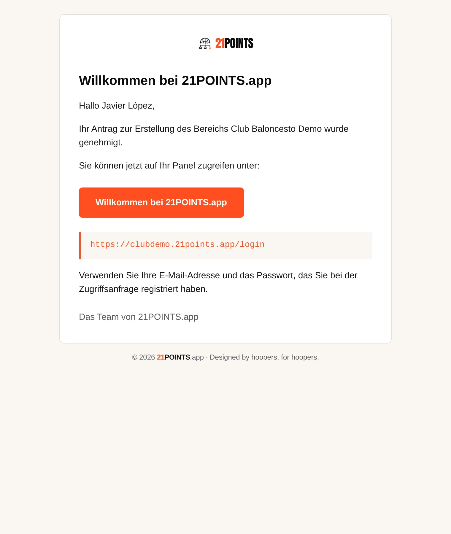 E-Mail „Willkommen bei 21POINTS.app“ mit der Freigabebestätigung, der Zugangsschaltfläche und der Panel-URL des Vereins.