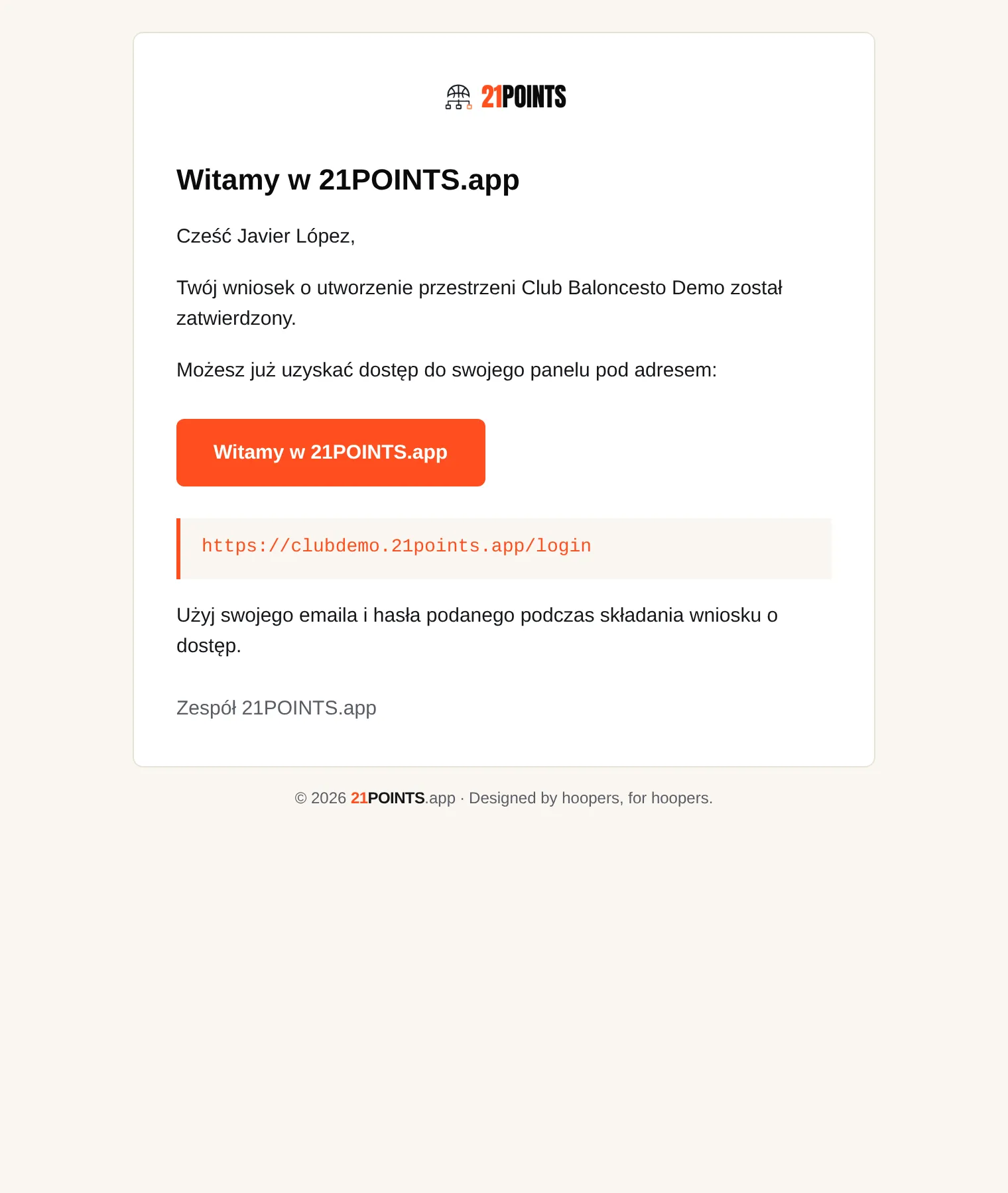 E-mail „Witamy w 21POINTS.app” potwierdzający akceptację, z przyciskiem dostępu i adresem panelu klubu.