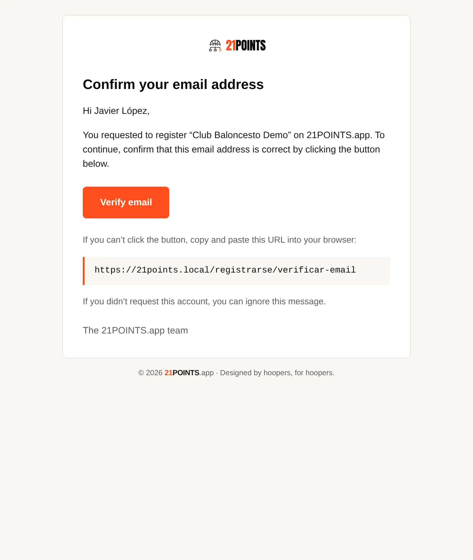 "Confirm your email address" email with the Verify email button and the fallback link.