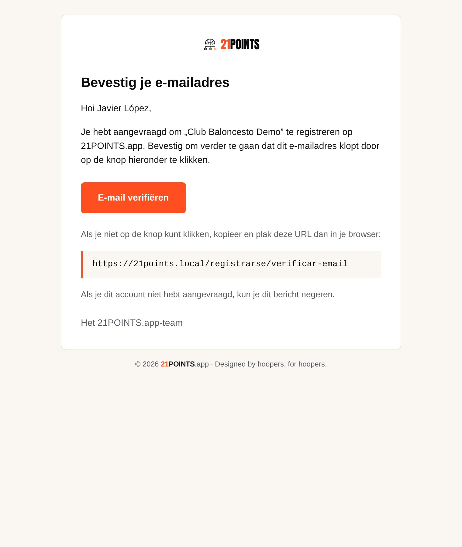 E-mail „Bevestig je e-mailadres” met de knop E-mail verifiëren en de alternatieve link.