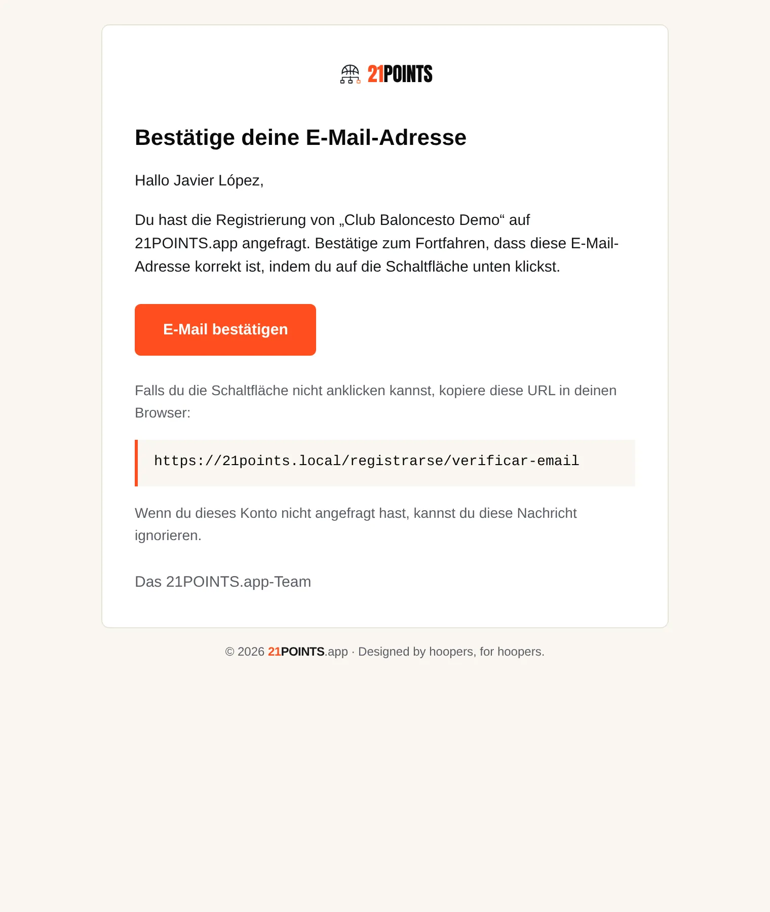E-Mail „Bestätige deine E-Mail-Adresse“ mit der Schaltfläche E-Mail bestätigen und dem alternativen Link.