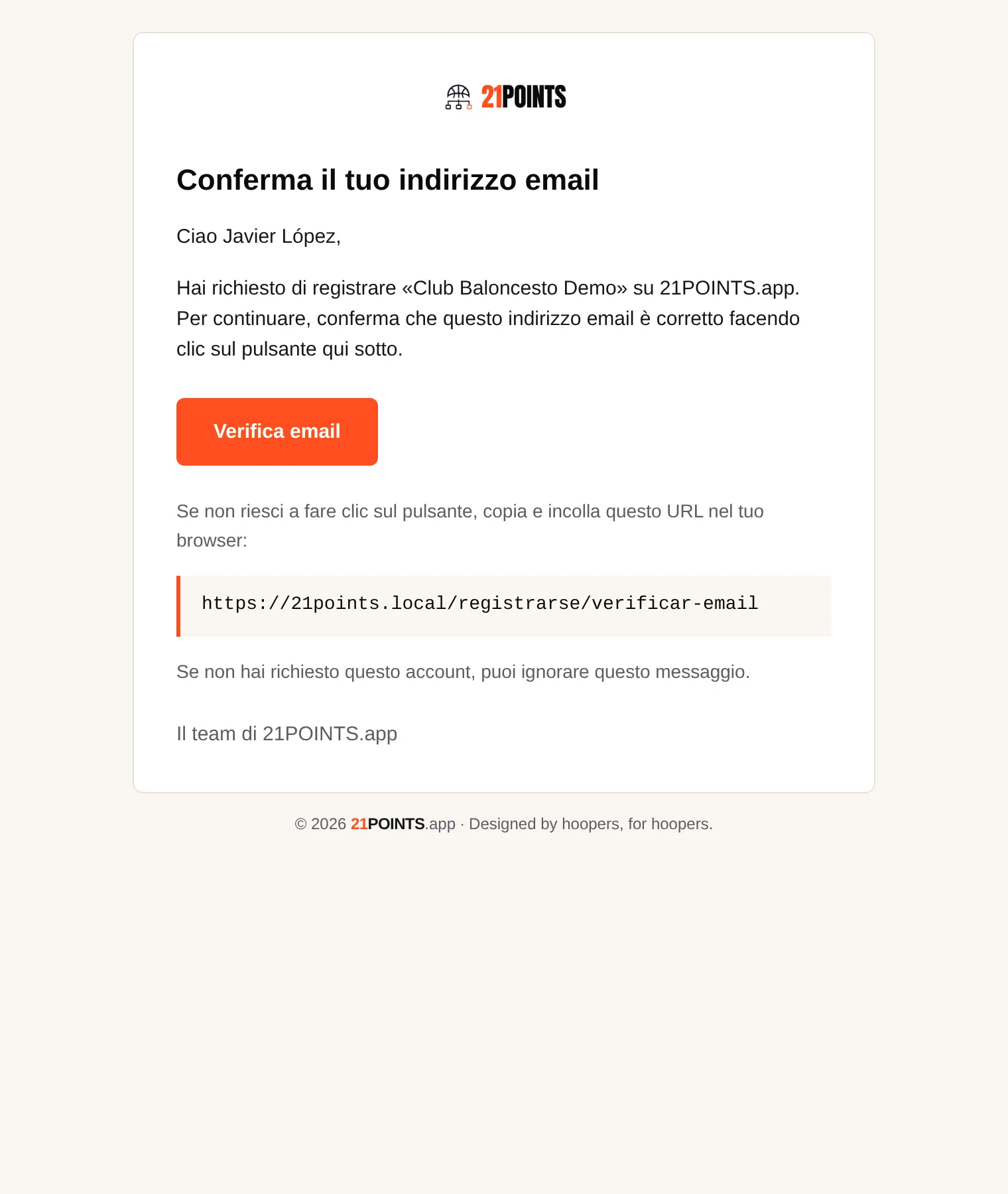 Email «Conferma il tuo indirizzo email» con il pulsante Verifica email e il link alternativo.