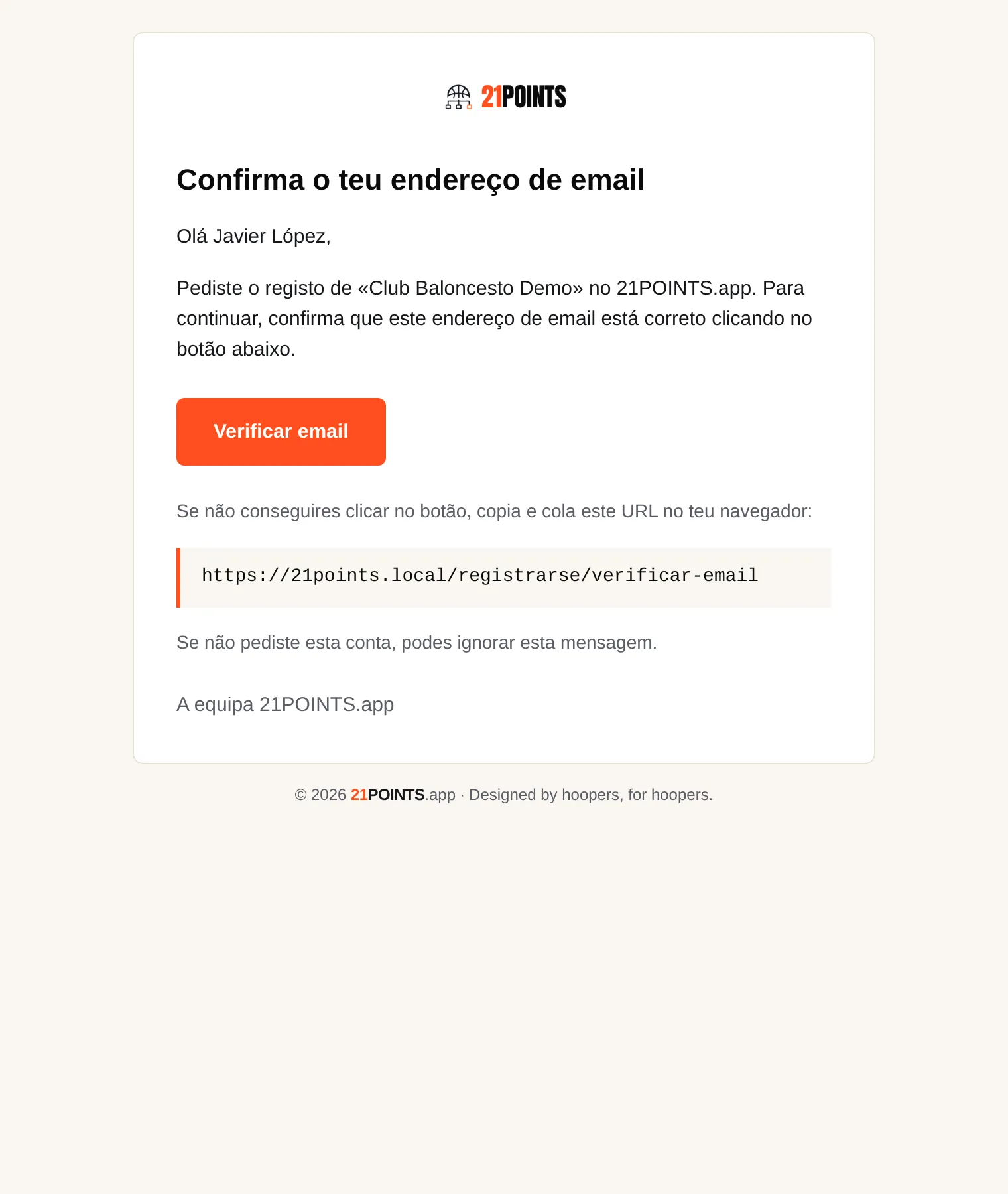 Email «Confirma o teu endereço de email» com o botão Verificar email e a ligação alternativa.