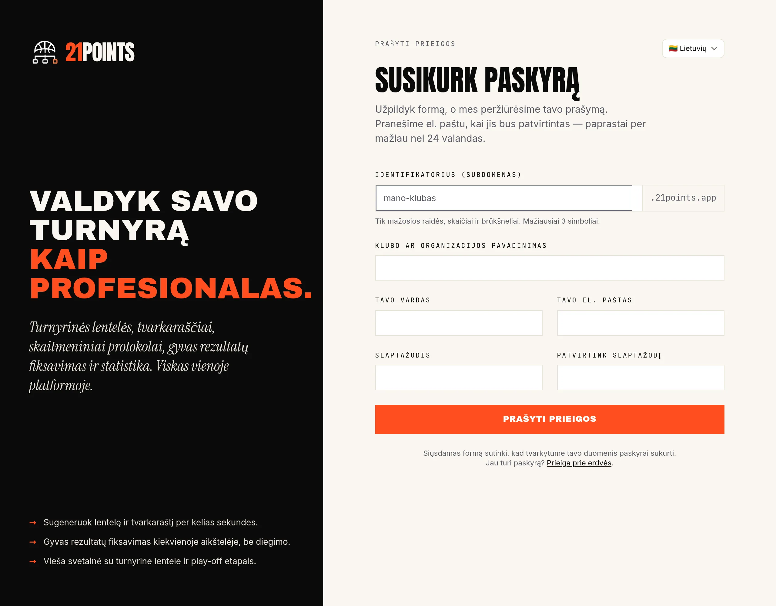 21POINTS prieigos prašymo forma: subdomeno identifikatorius, klubo pavadinimas, savininko vardas ir el. paštas bei slaptažodis.