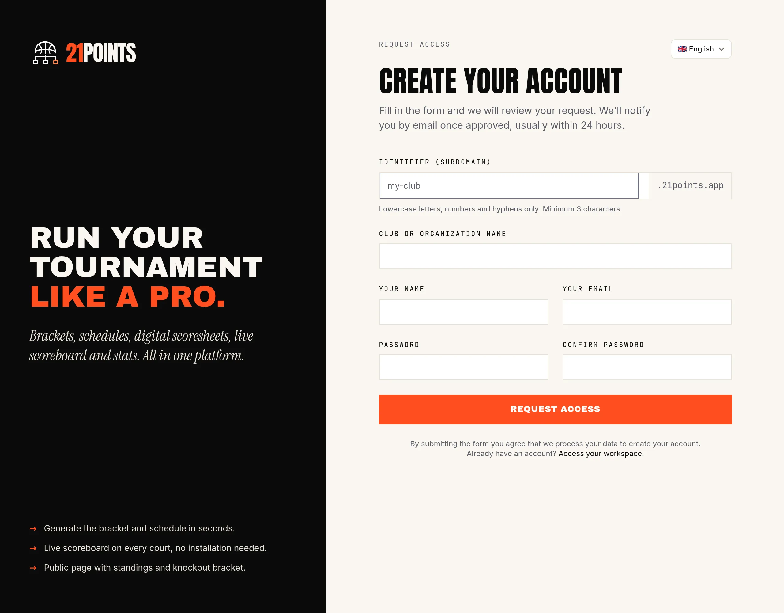 21POINTS access request form: subdomain identifier, club name, owner name and email, and password.