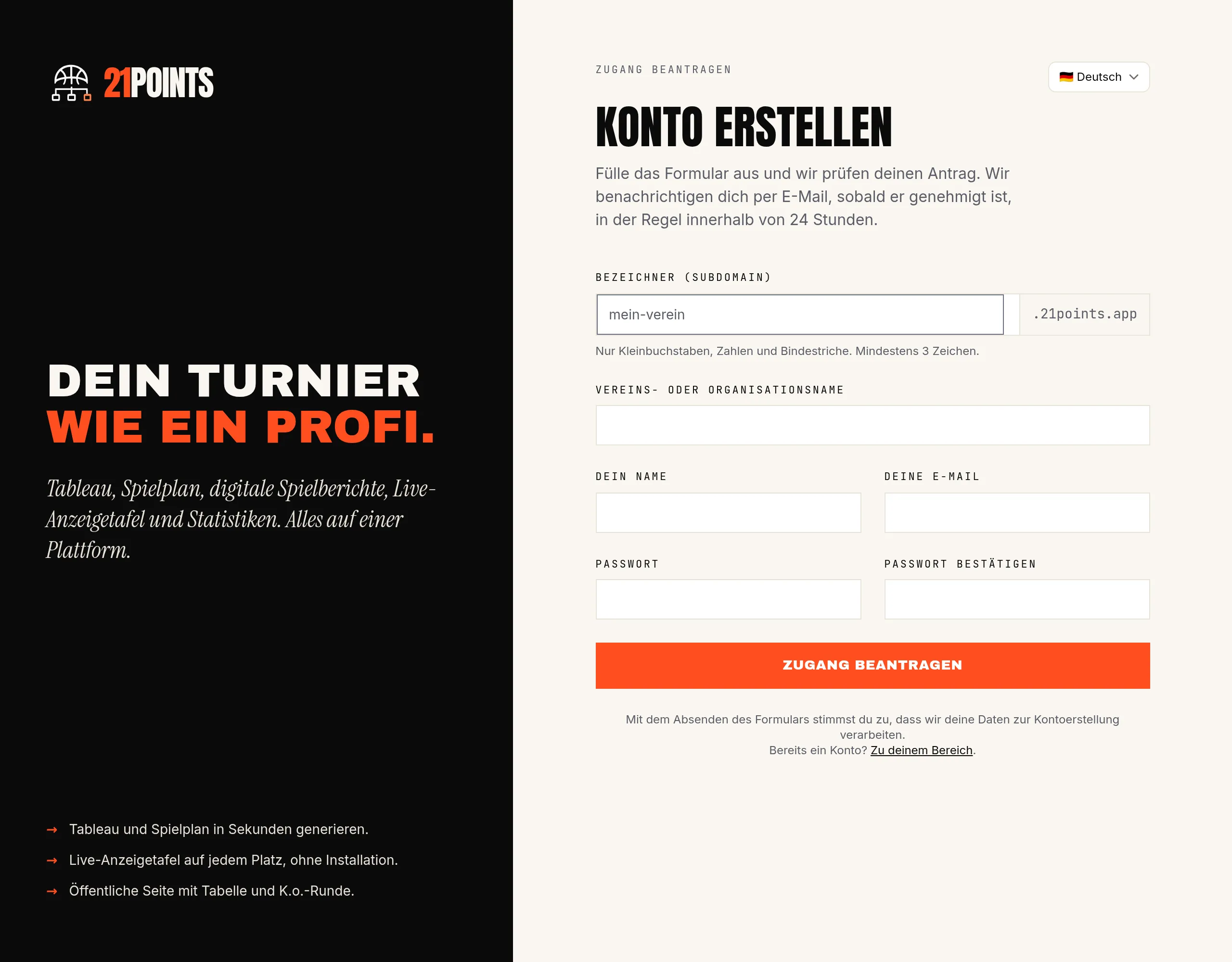 Zugangsformular von 21POINTS: Subdomain-Kennung, Vereinsname, Name und E-Mail des Inhabers sowie Passwort.