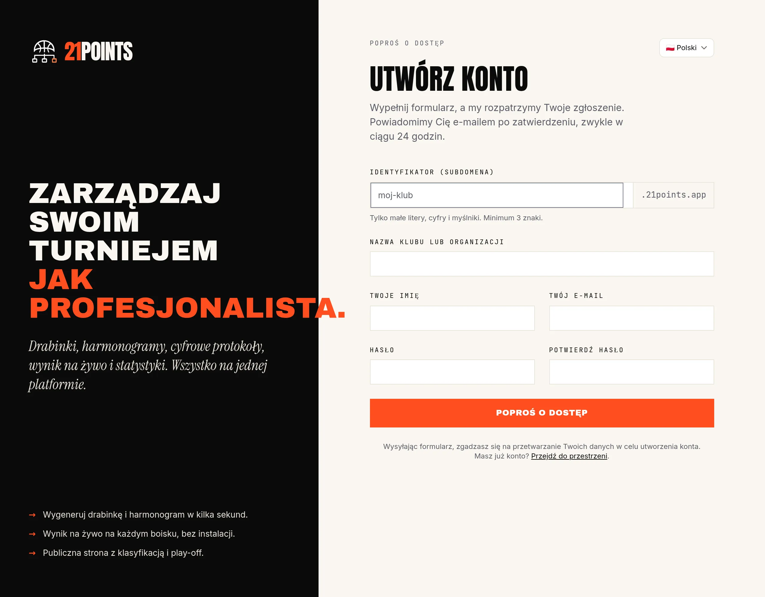 Formularz wniosku o dostęp w 21POINTS: identyfikator subdomeny, nazwa klubu, imię i e-mail właściciela oraz hasło.