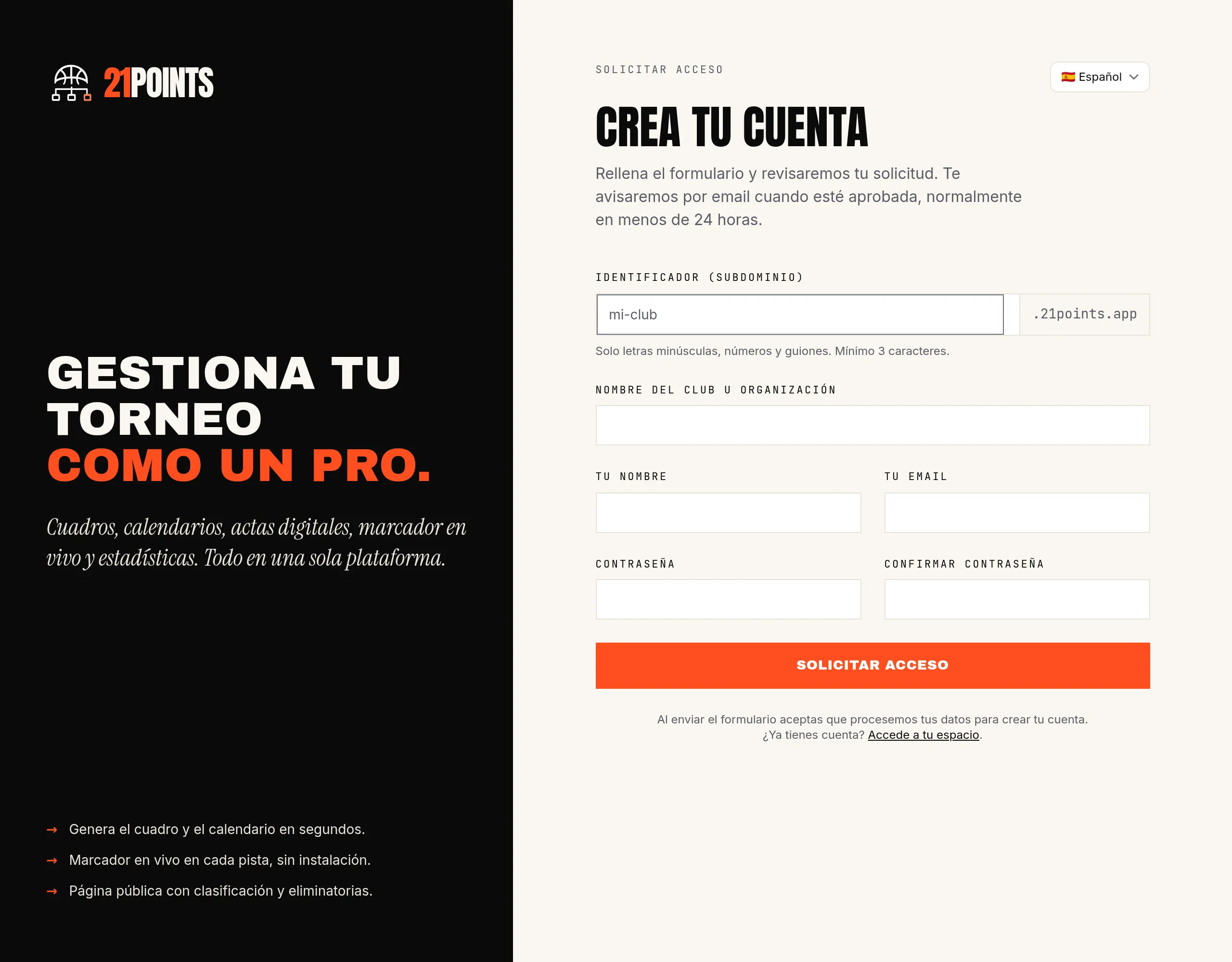 Formulario de solicitud de acceso de 21POINTS: identificador de subdominio, nombre del club, nombre y email del propietario, y contraseña.