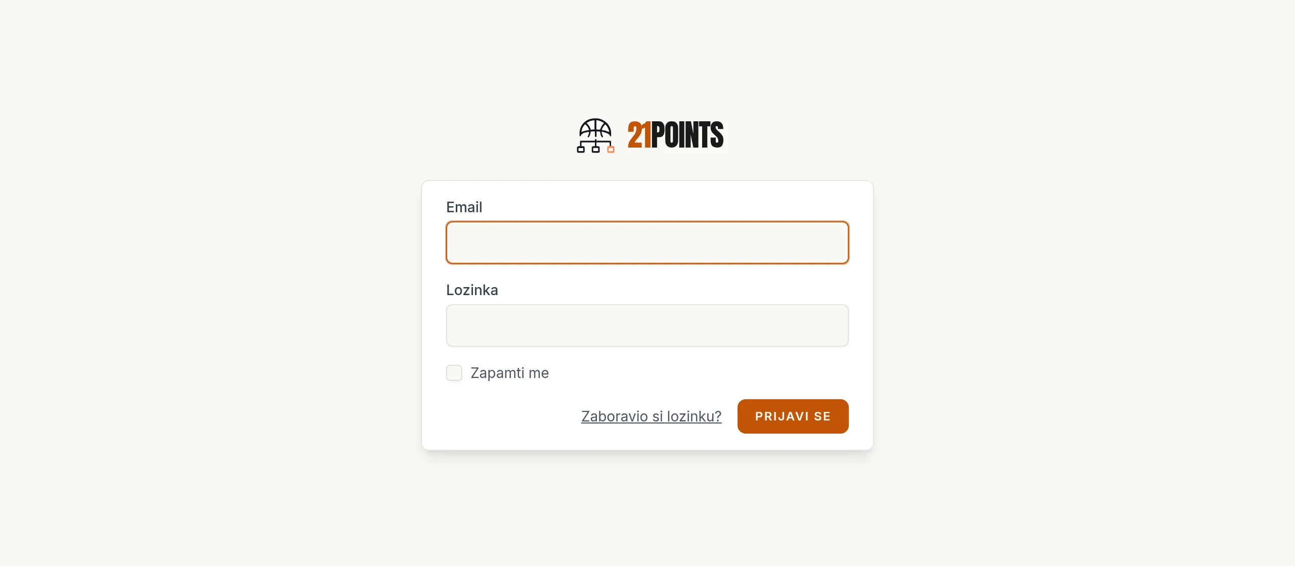 Ekran za prijavu na panel: imejl, lozinka, Zapamti me i dugme Prijavi se.