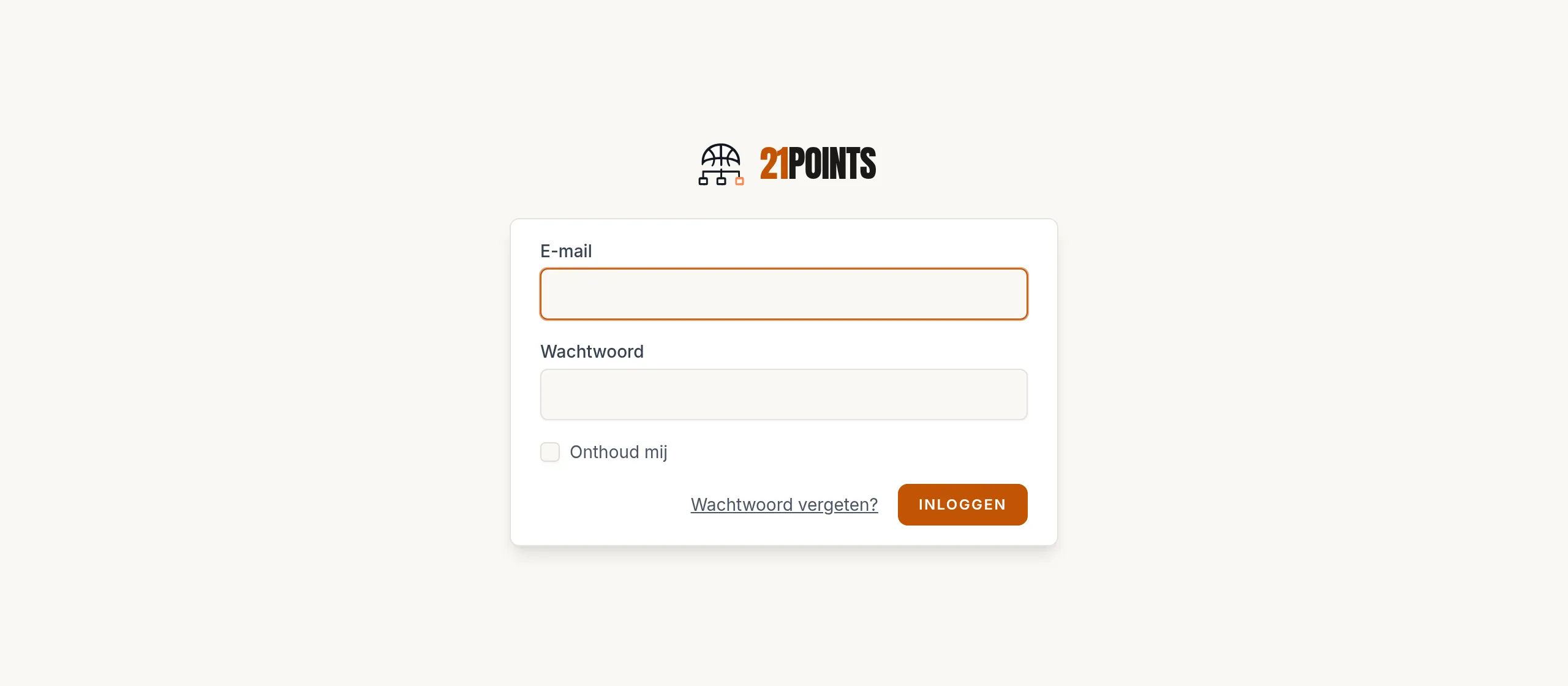 Inlogscherm van het paneel: e-mail, wachtwoord, Onthoud mij en de knop Inloggen.