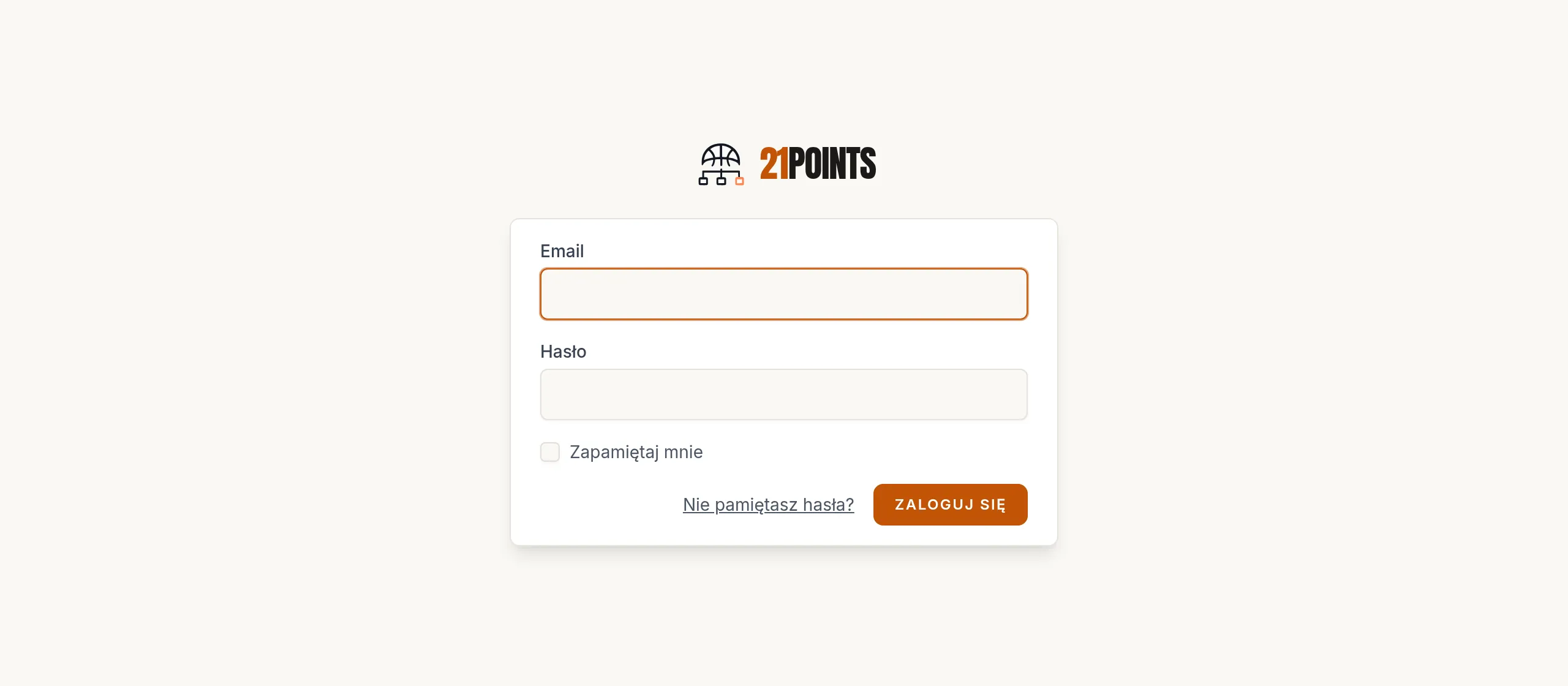 Ekran logowania do panelu: e-mail, hasło, Zapamiętaj mnie i przycisk Zaloguj się.