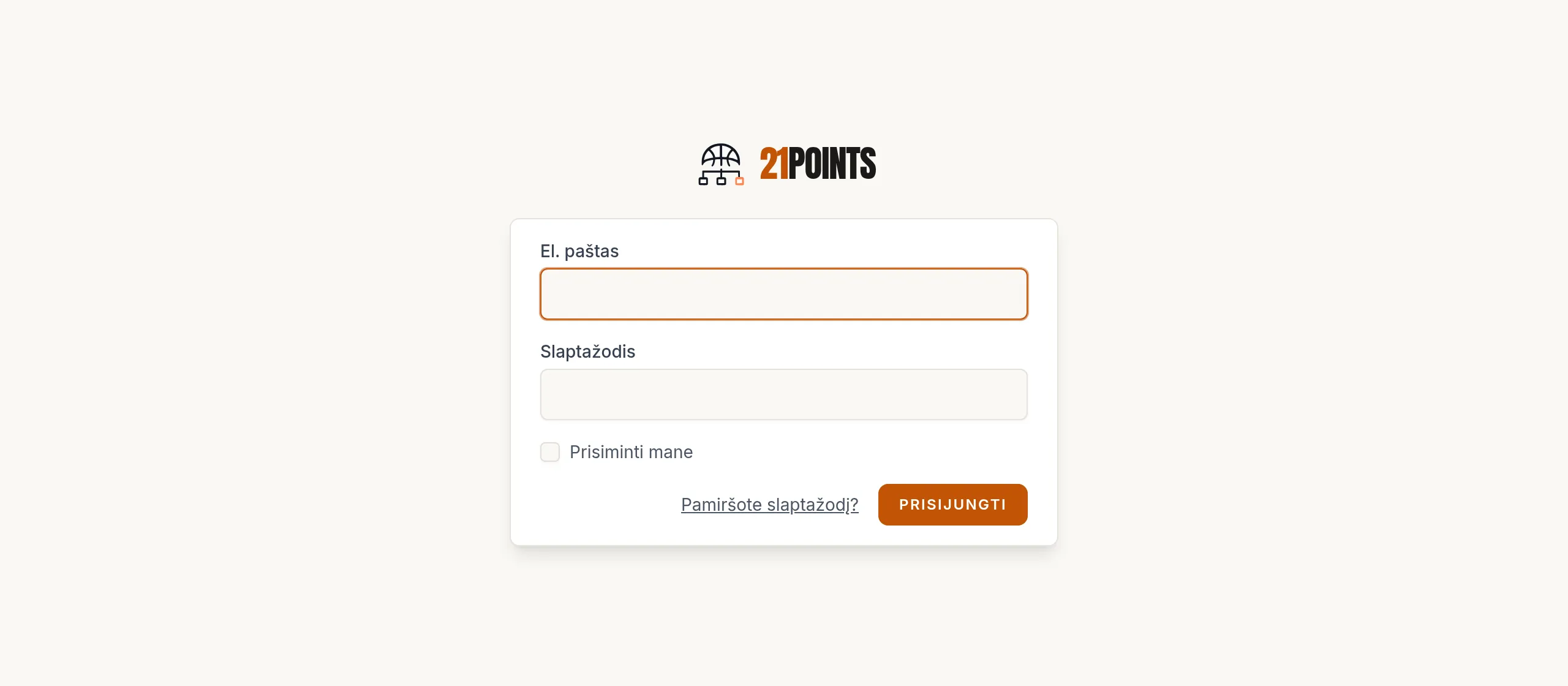Skydelio prisijungimo ekranas: el. paštas, slaptažodis, Prisiminti mane ir mygtukas Prisijungti.