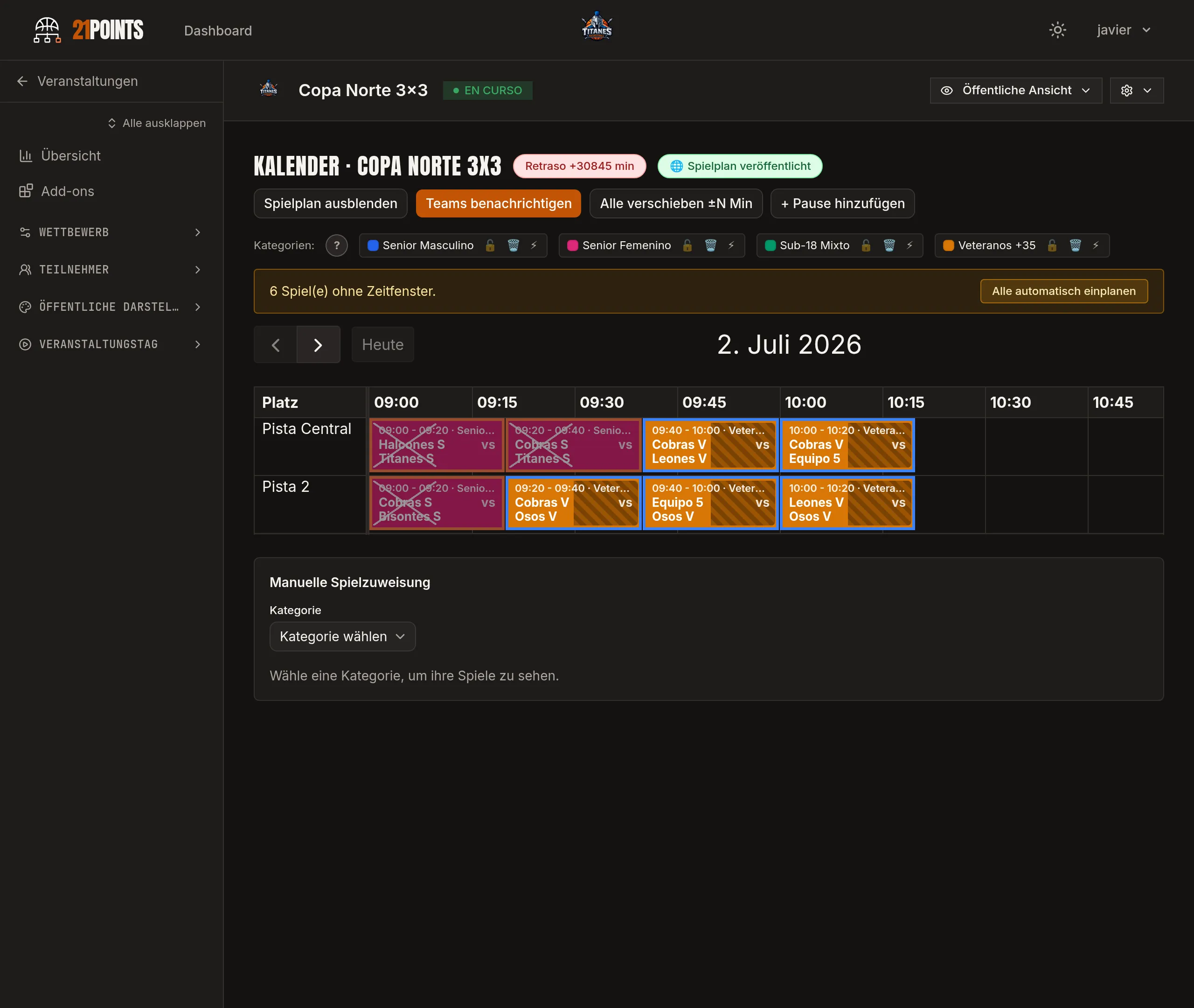 Spielplan des Events mit den Spielen auf zwei Feldern in 15-Minuten-Slots, den vier Kategorien in ihrer Farbe, dem Hinweis auf Spiele ohne Zeit und der Schaltfläche Alles automatisch verteilen.
