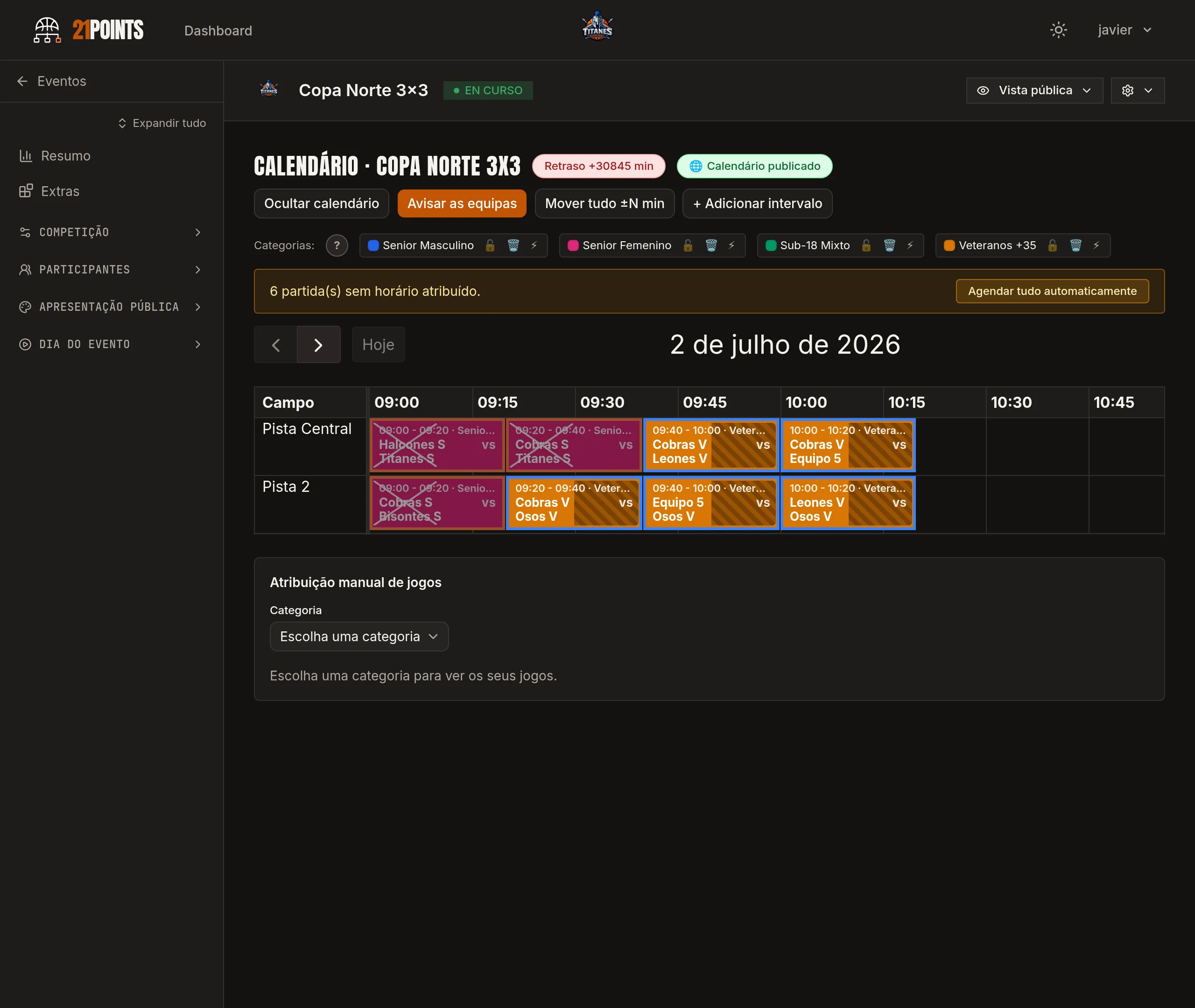 Calendário do evento com os jogos distribuídos entre dois campos por intervalos de 15 minutos, as quatro categorias com a sua cor, o aviso de jogos sem horário e o botão Distribuir tudo automaticamente.