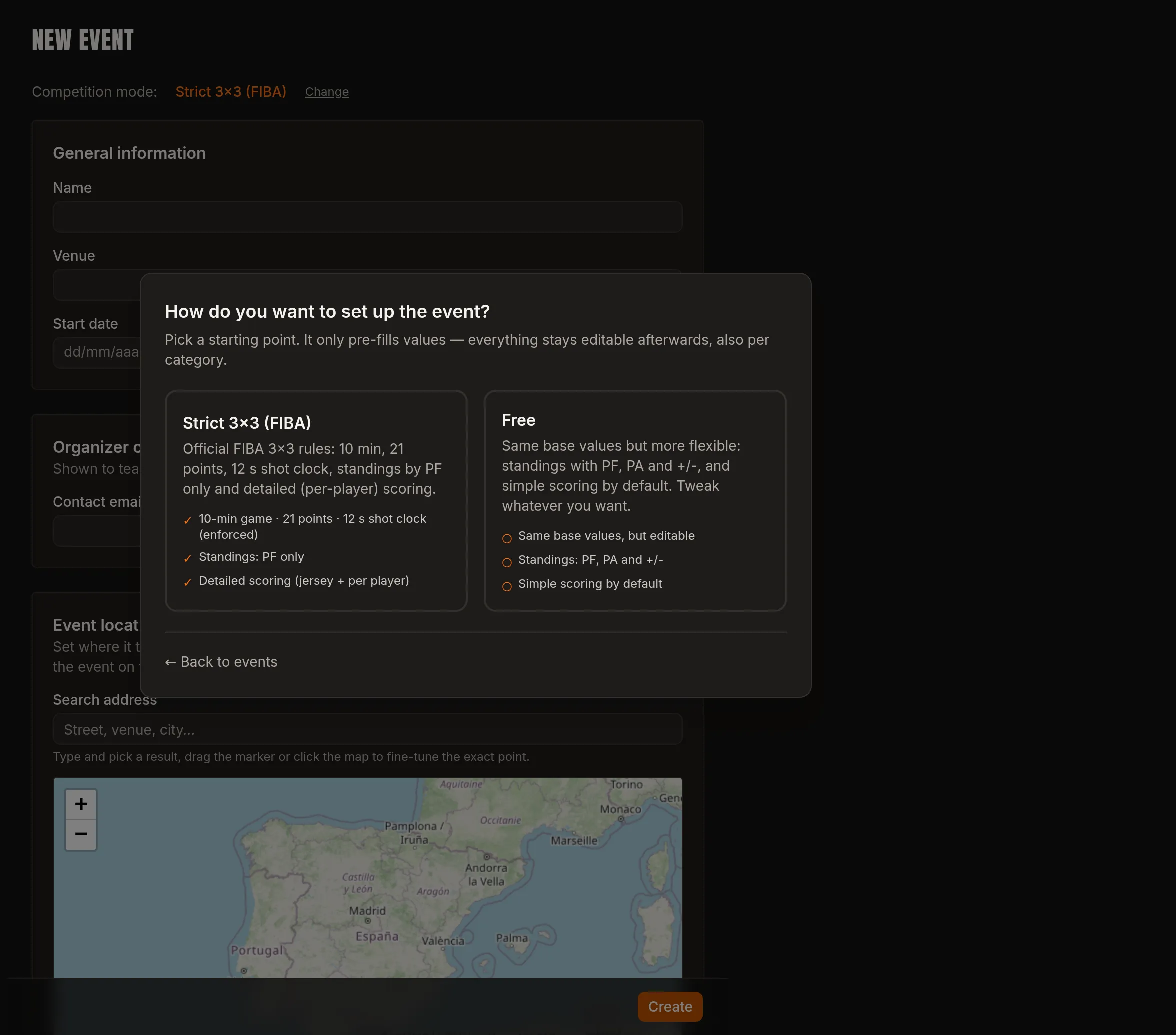 Competition mode selector when creating an event: two cards, Strict 3×3 (FIBA) and Free, each with its rules.