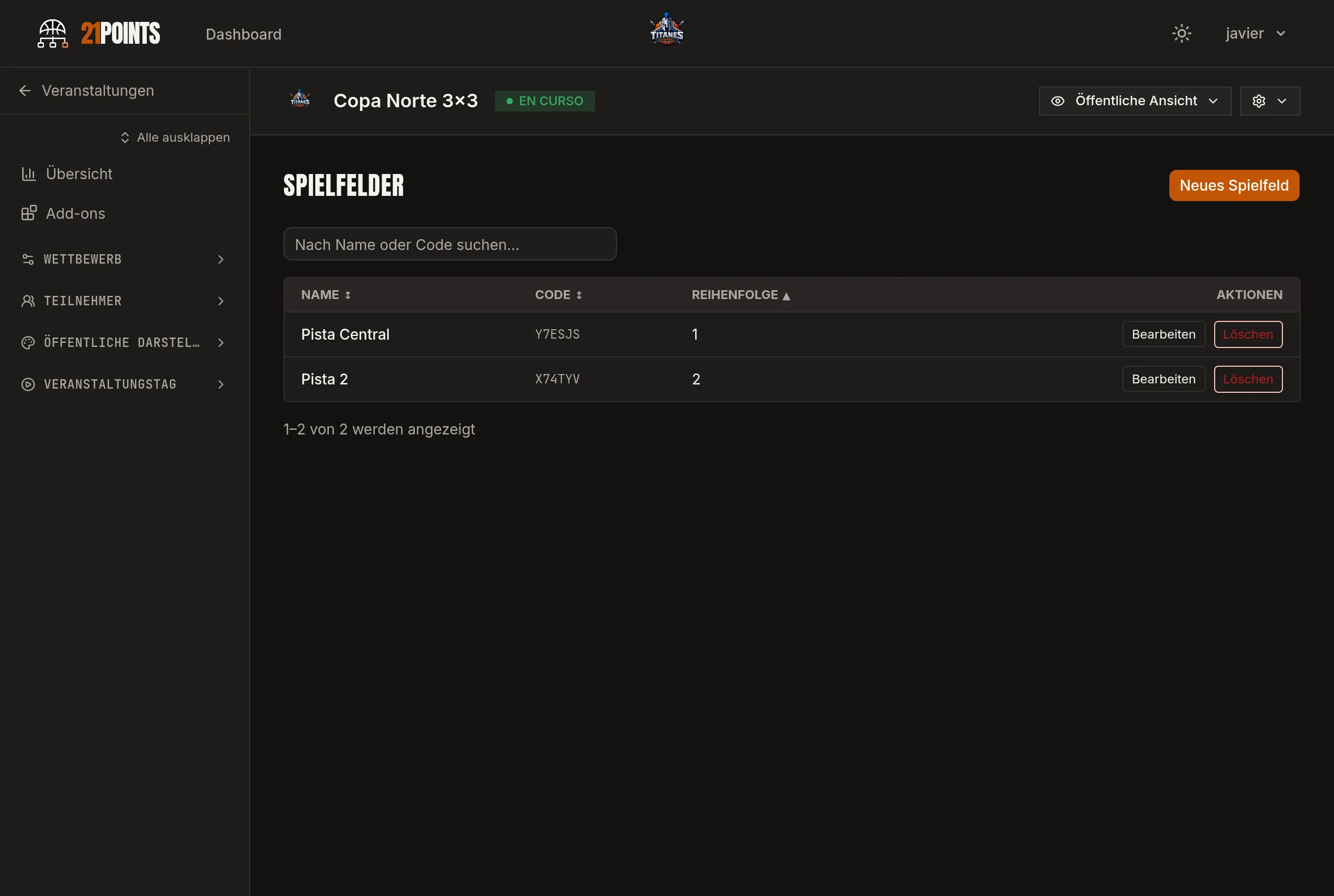 Bereich Spielfelder im Admin-Panel, mit zwei angelegten Feldern (Center Court und Feld 2), ihrem Code und der Schaltfläche Neues Feld.