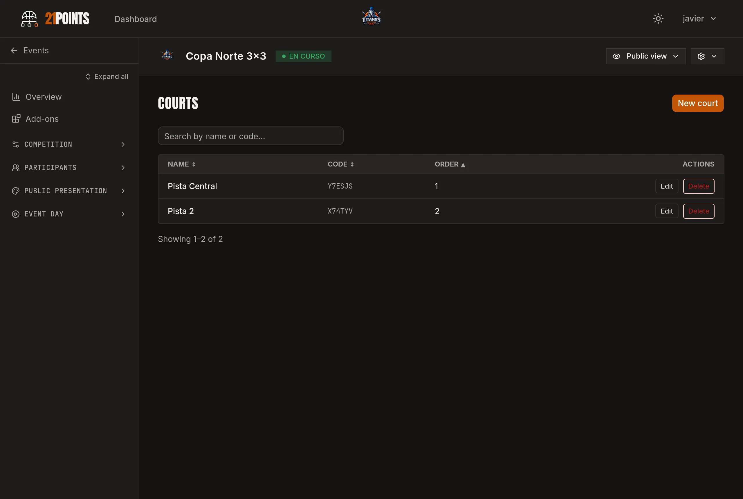 Courts section of the admin panel, with two courts created (Center Court and Court 2), their code and the New court button.