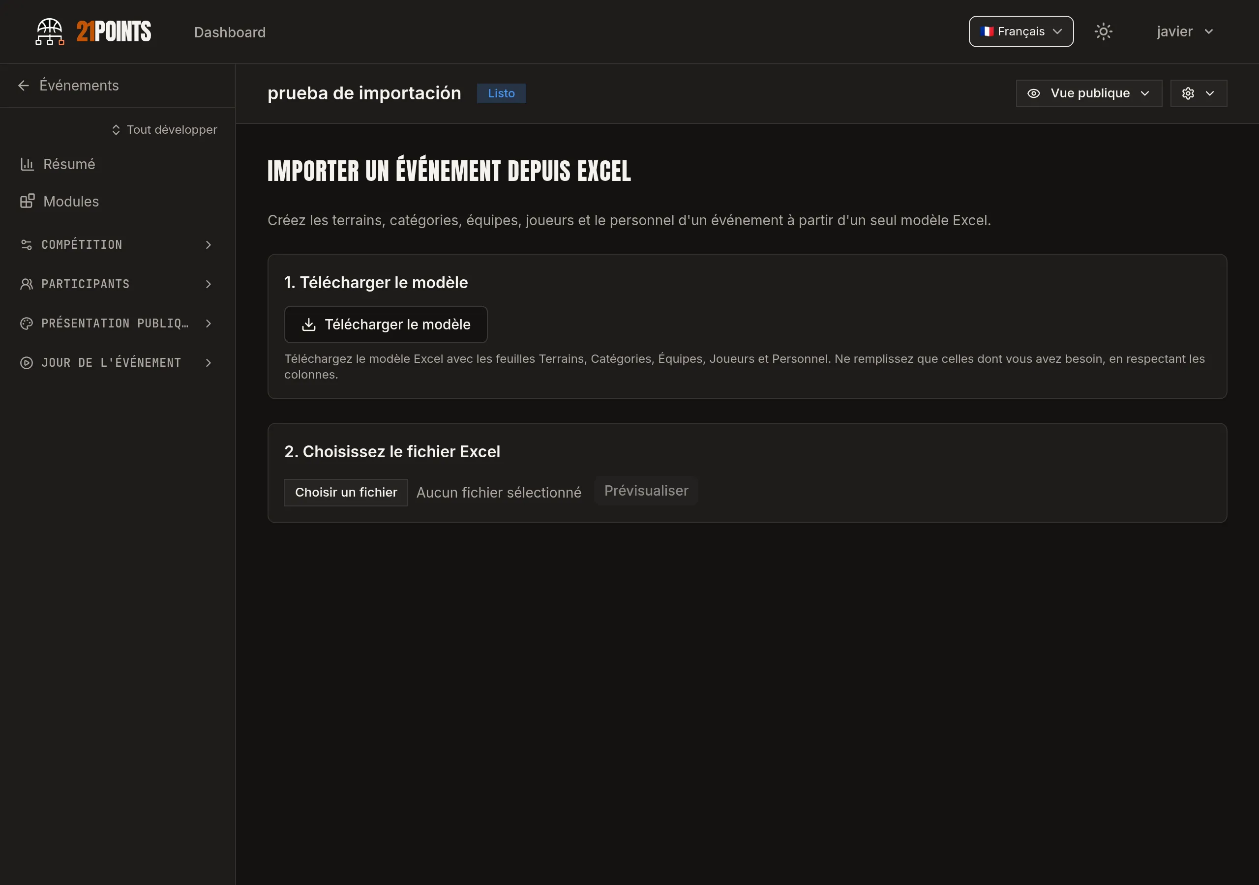 Écran « Importer un événement depuis Excel » avec deux étapes : télécharger le modèle et choisir le fichier Excel.