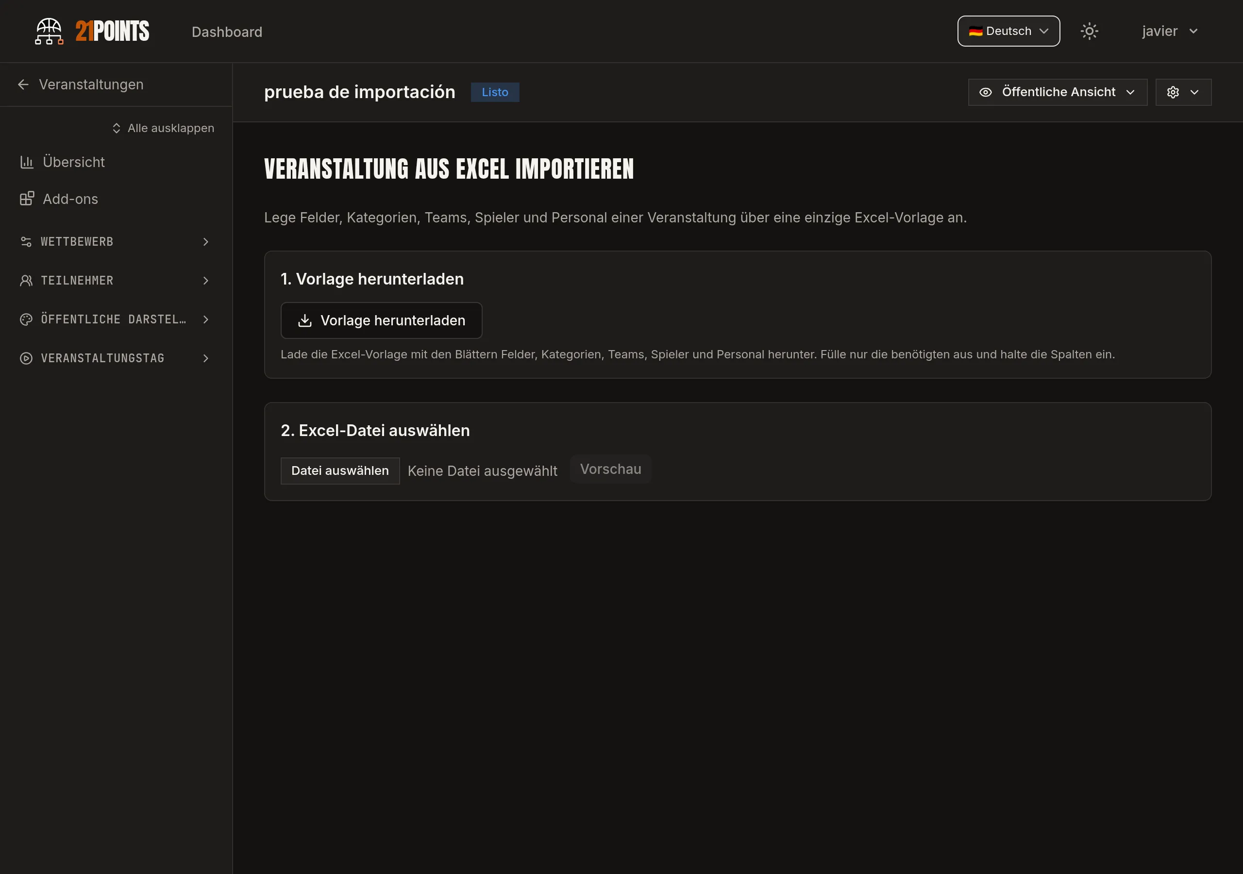 Bildschirm „Veranstaltung aus Excel importieren“ mit zwei Schritten: Vorlage herunterladen und Excel-Datei auswählen.