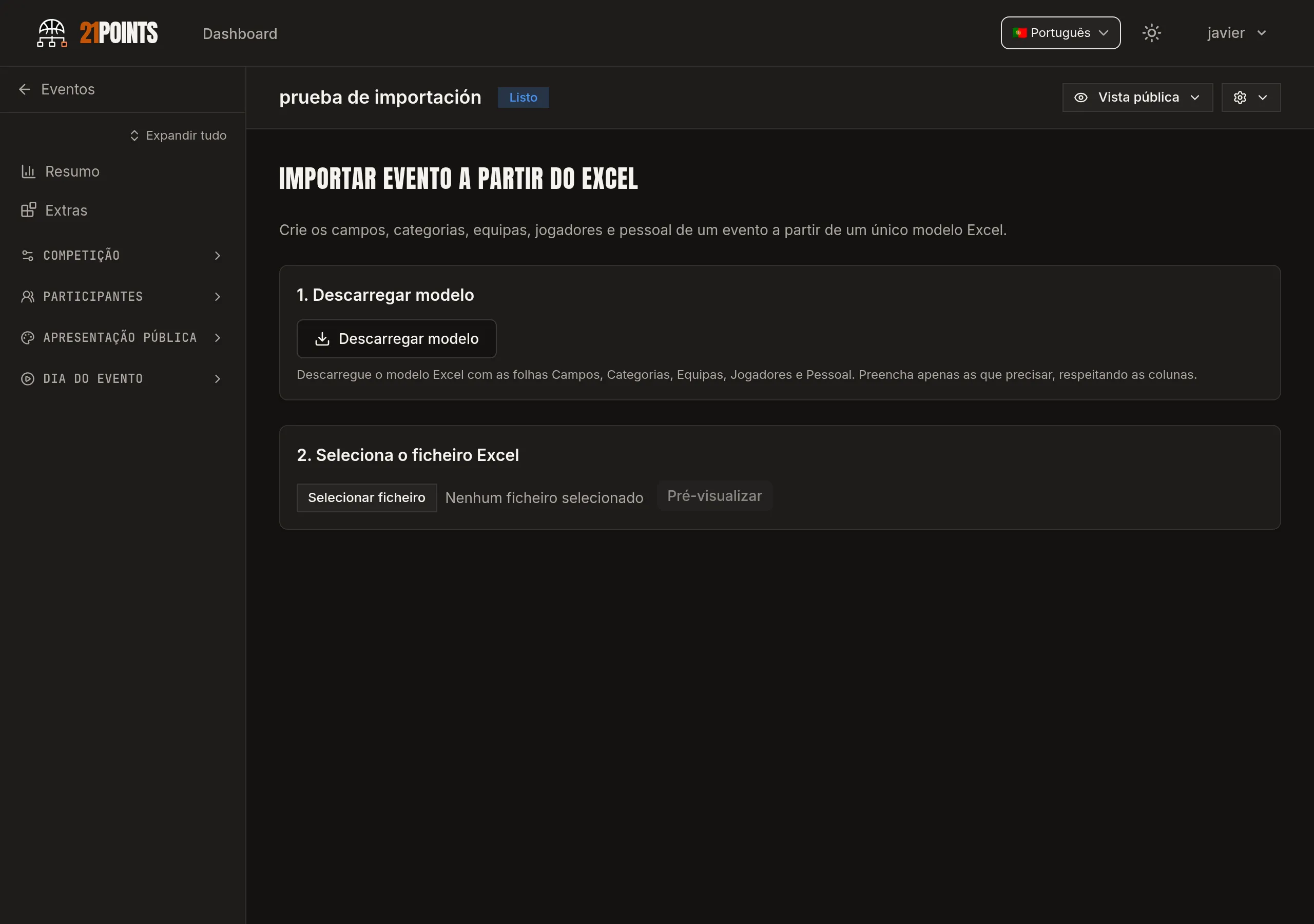Ecrã «Importar evento a partir do Excel» com dois passos: descarregar o modelo e selecionar o ficheiro Excel.