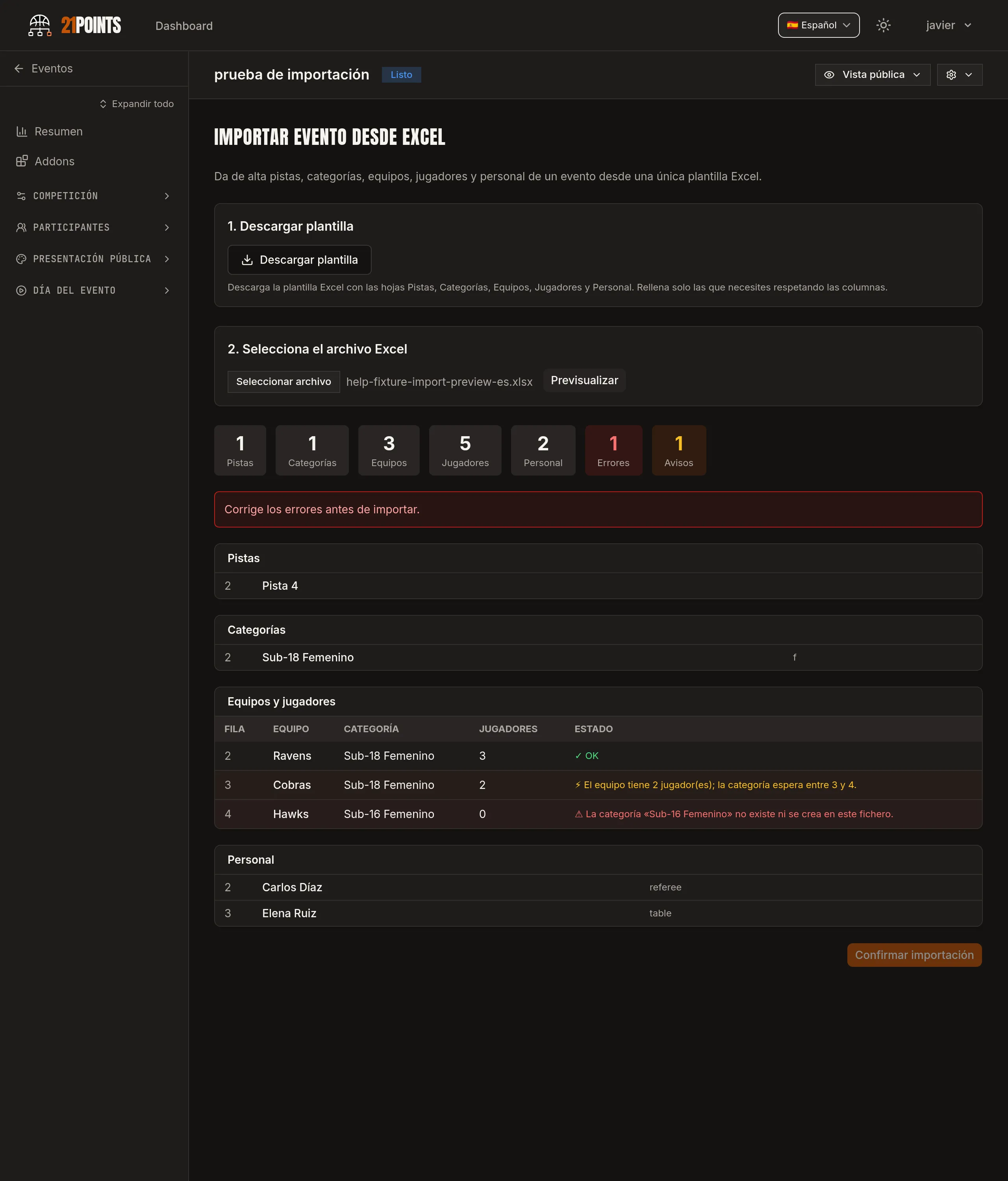 Previsualización de una importación: recuento de pistas, categorías, equipos, jugadores y personal, con 1 error y 1 aviso y el detalle por hoja.