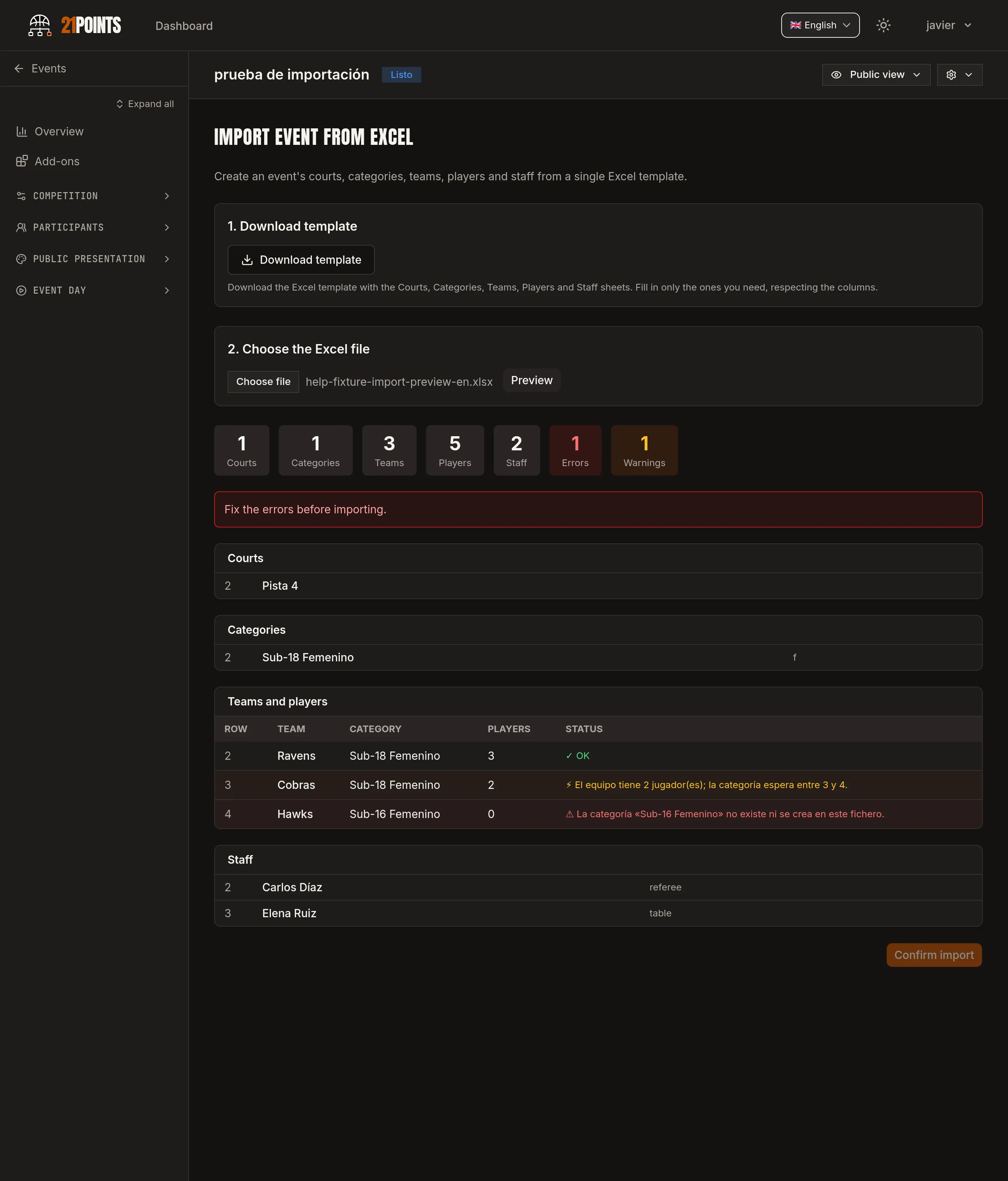 Import preview: counts for courts, categories, teams, players and staff, with 1 error and 1 warning and the detail per sheet.