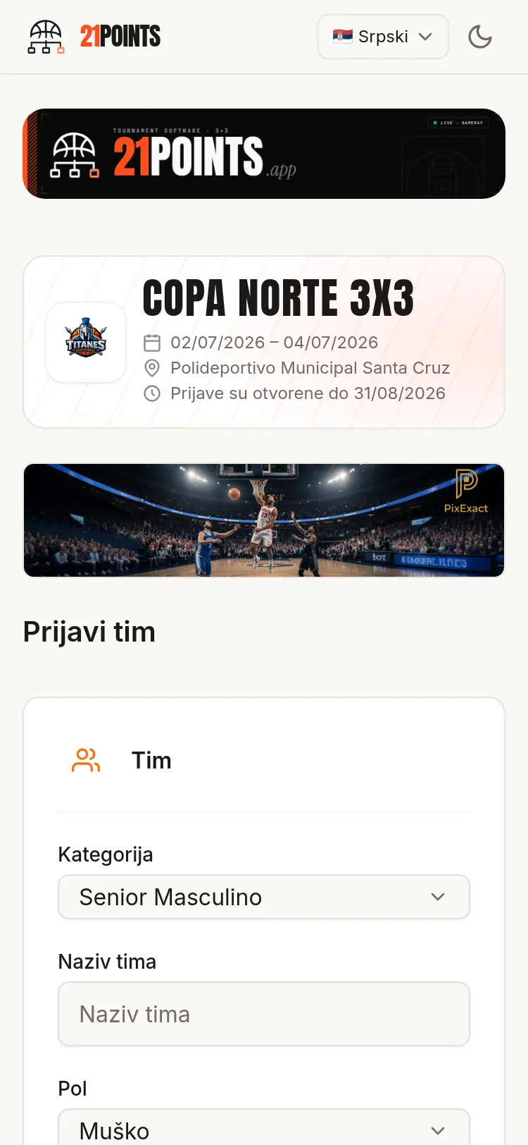 Javni formular za prijavu na telefonu, sa zaglavljem događaja, datumom zatvaranja prijava i prvim poljima ekipe (kategorija, naziv i pol).