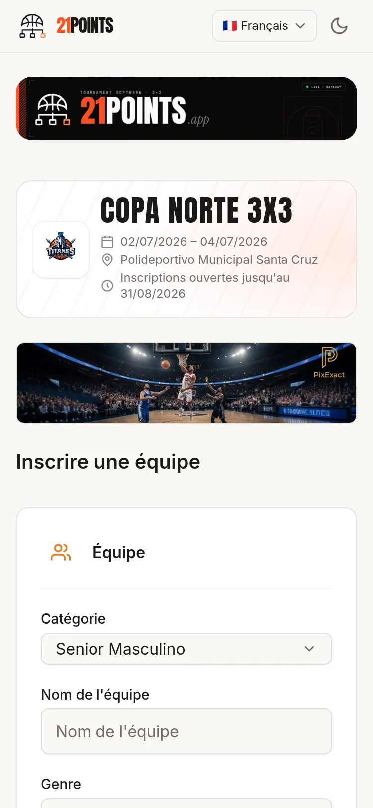 Formulaire public d'inscription sur un téléphone, avec l'en-tête de l'événement, la date de clôture des inscriptions et les premiers champs de l'équipe (catégorie, nom et genre).