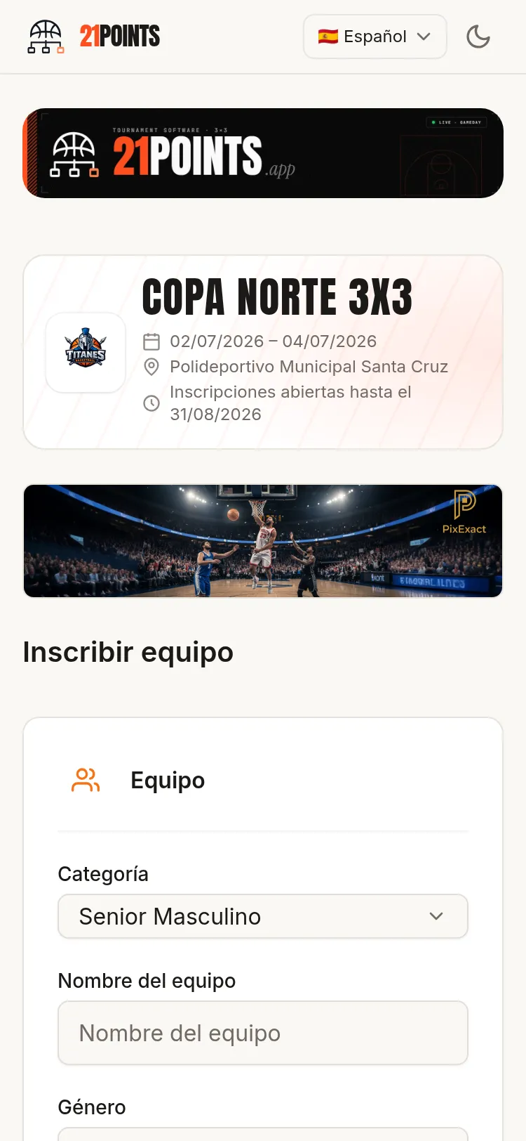 Formulario público de inscripción en un móvil, con la cabecera del evento, la fecha de cierre de inscripciones y los primeros campos del equipo (categoría, nombre y género).