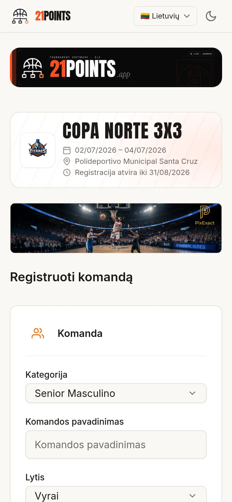 Vieša registracijos forma telefone su renginio antrašte, registracijų uždarymo data ir pirmais komandos laukais (kategorija, pavadinimas ir lytis).