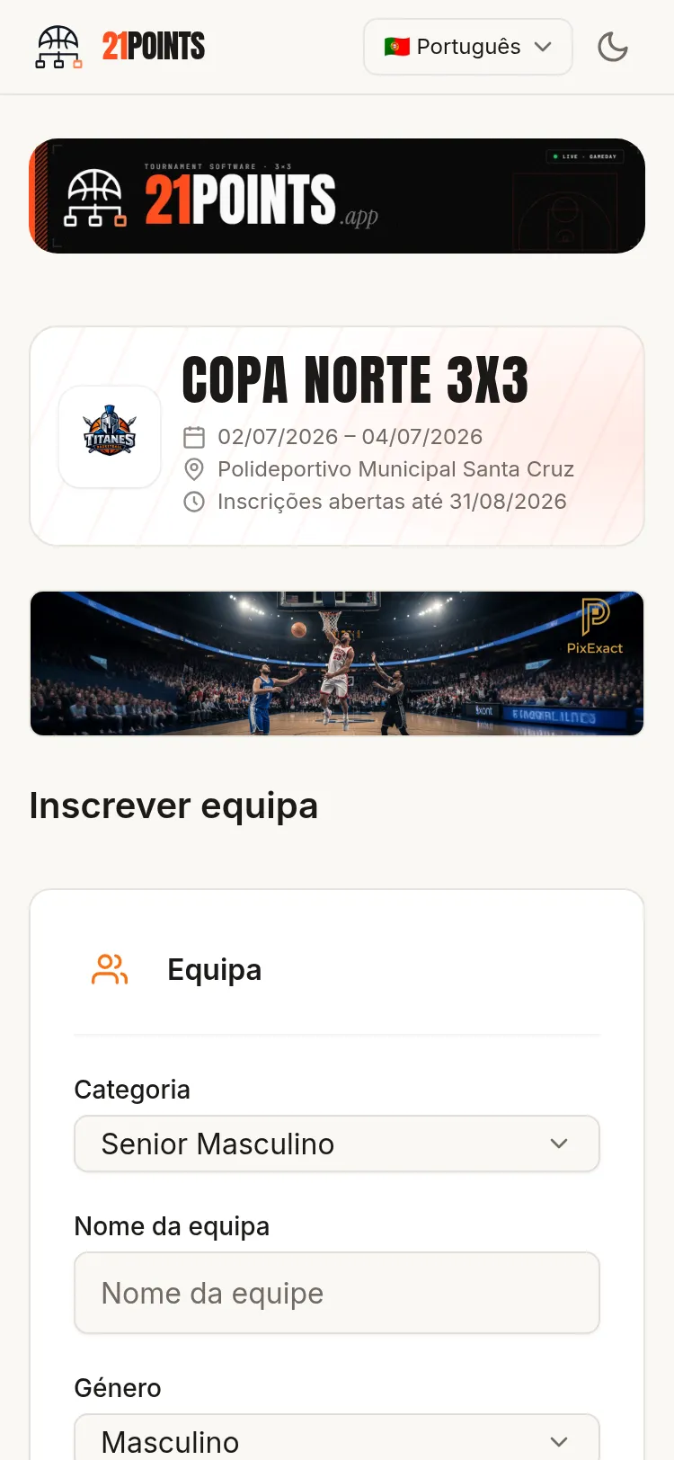 Formulário público de inscrição num telemóvel, com o cabeçalho do evento, a data de fecho das inscrições e os primeiros campos da equipa (categoria, nome e género).