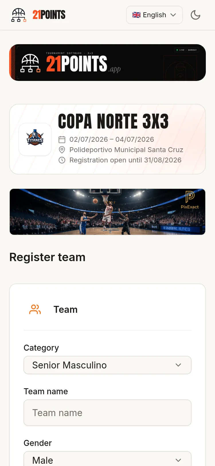 Public registration form on a phone, with the event header, the registration deadline and the first team fields (category, name and gender).