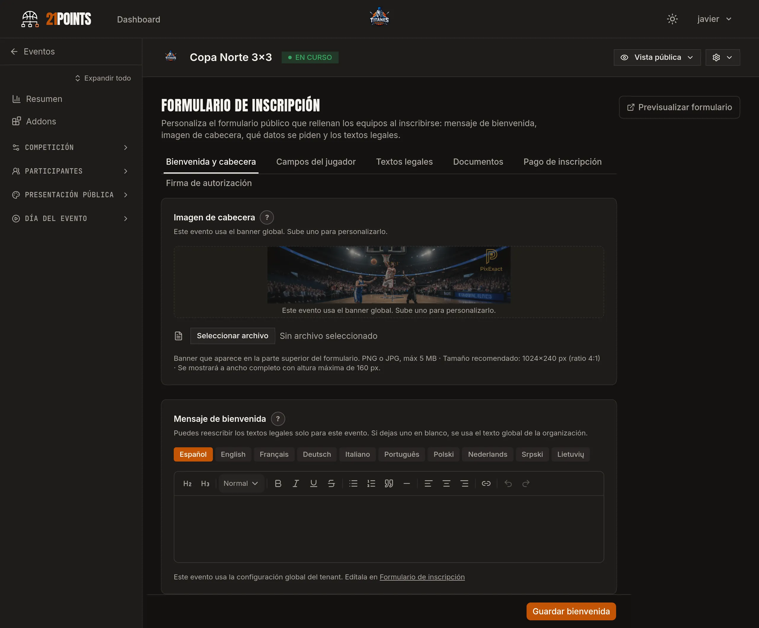 Editor del formulario de inscripción en el panel, con las pestañas Bienvenida y cabecera, Campos del jugador, Textos legales, Documentos, Pago de inscripción y Firma de autorización, y la imagen de cabecera.