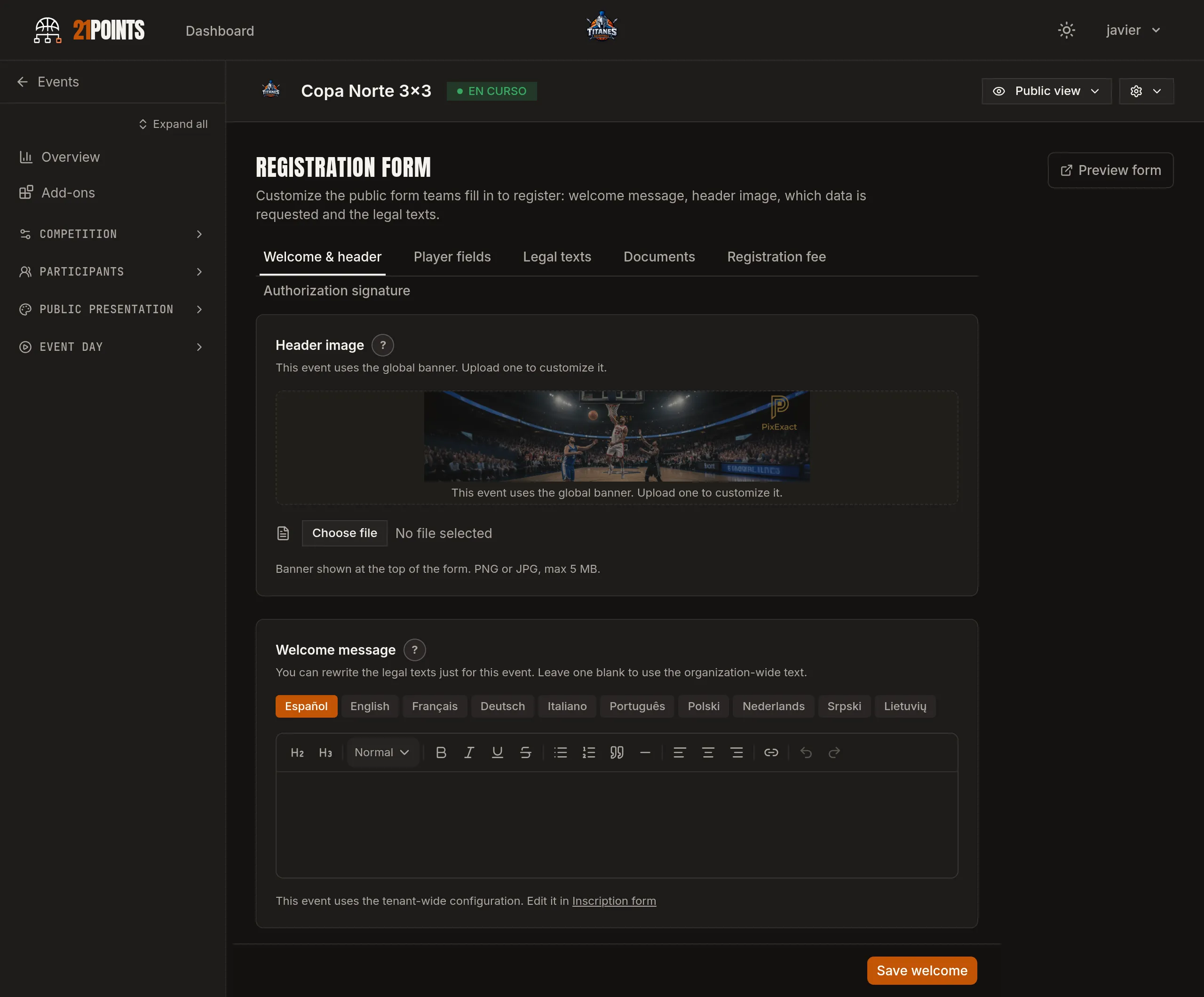 Registration form editor in the admin panel, with the Welcome and header, Player fields, Legal texts, Documents, Registration fee and Authorisation signature tabs, and the header image.