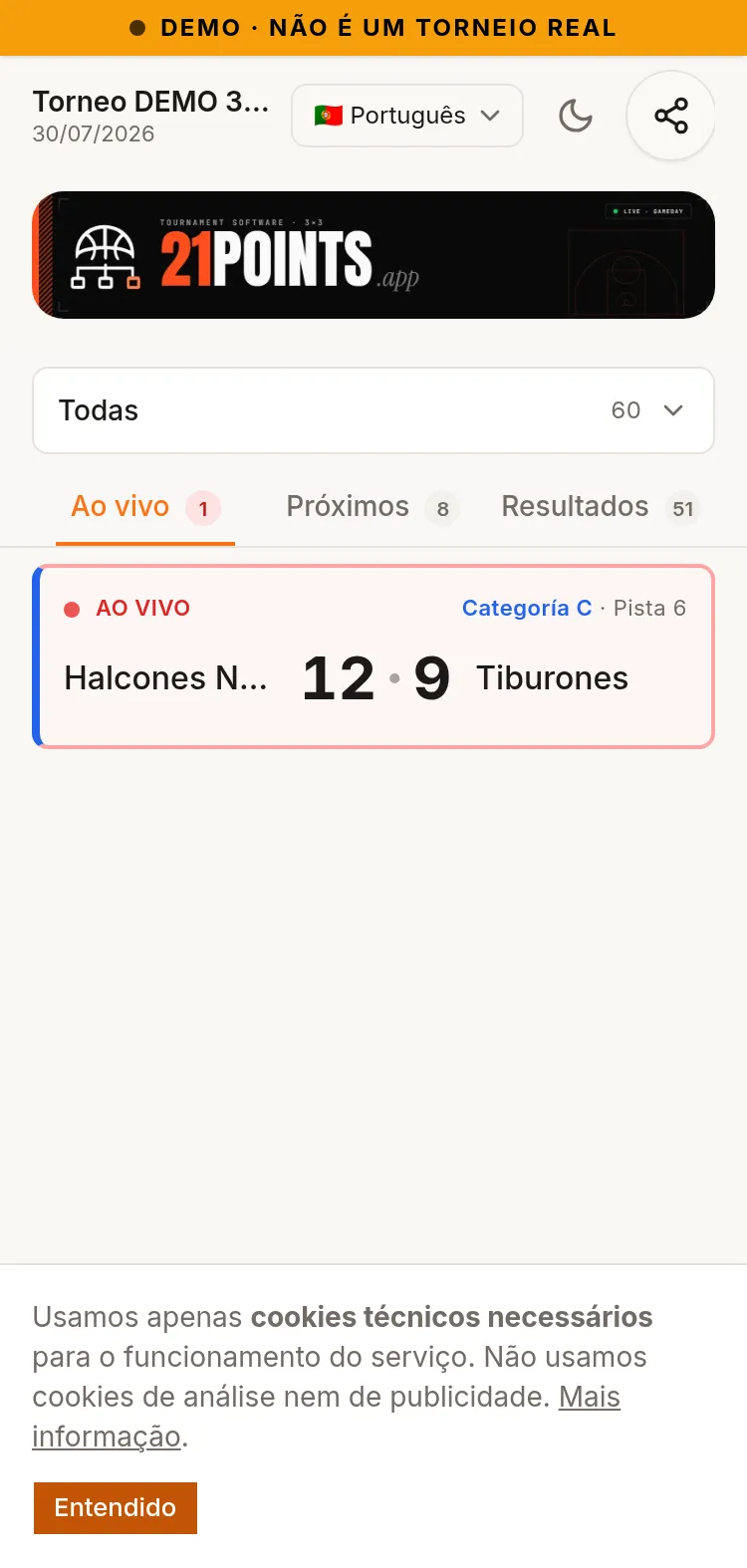 Jornada virtual do evento vista num telemóvel: filtros por categoria, separadores Ao vivo, Próximos e Resultados, e um jogo AO VIVO com o marcador Halcones Norte 12 - 9 Tiburones.