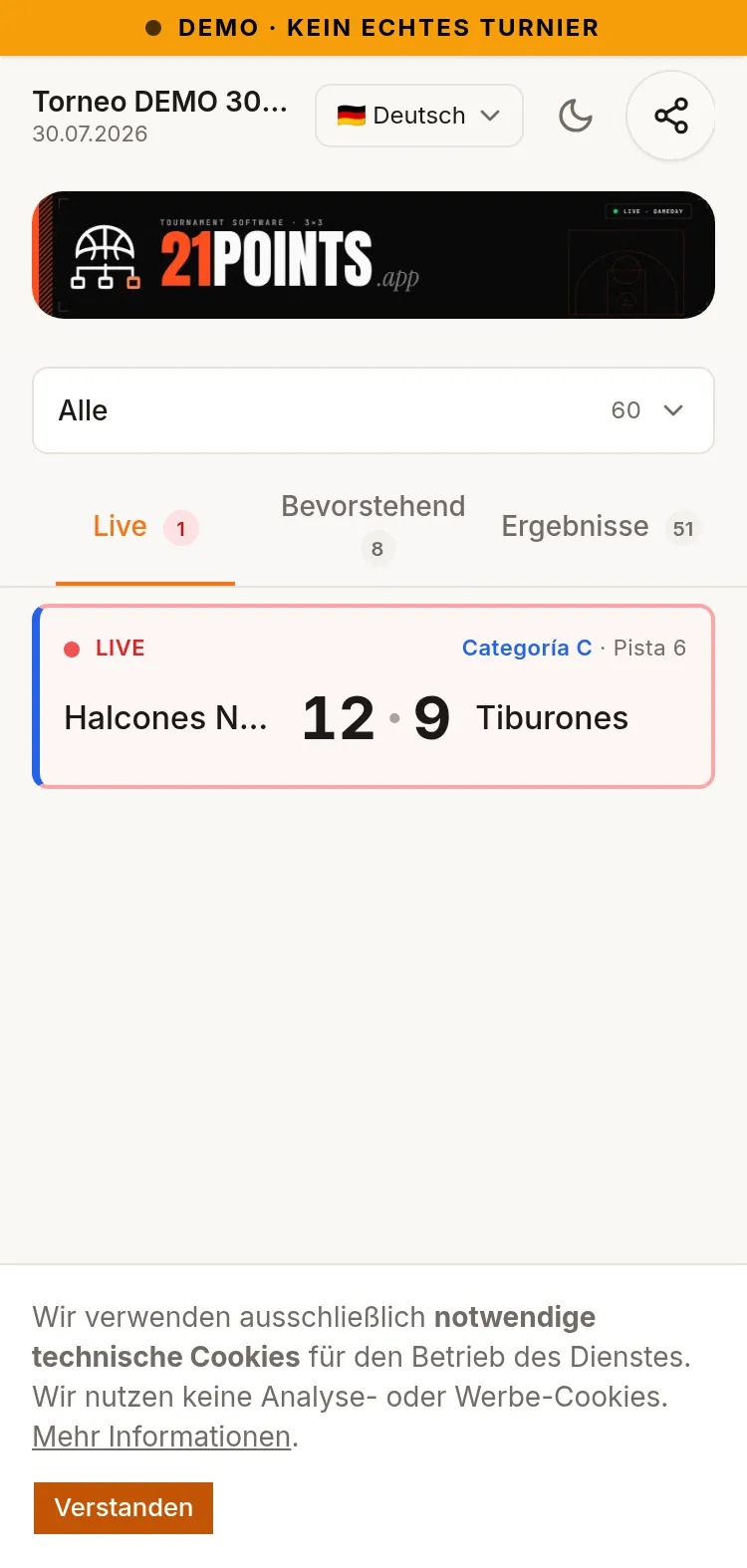 Virtueller Spieltag des Events auf einem Handy: Kategoriefilter, Reiter Live, Kommend und Ergebnisse, und ein LIVE-Spiel mit dem Stand Halcones Norte 12 - 9 Tiburones.