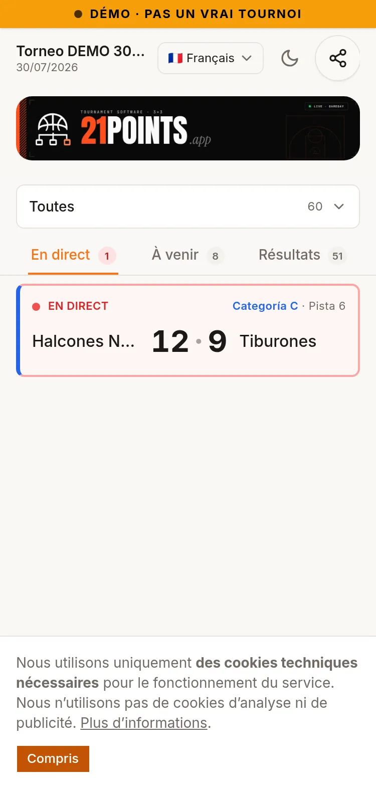 Journée virtuelle de l'événement sur un téléphone : filtres par catégorie, onglets En direct, Prochains et Résultats, et un match EN DIRECT avec le score Halcones Norte 12 - 9 Tiburones.