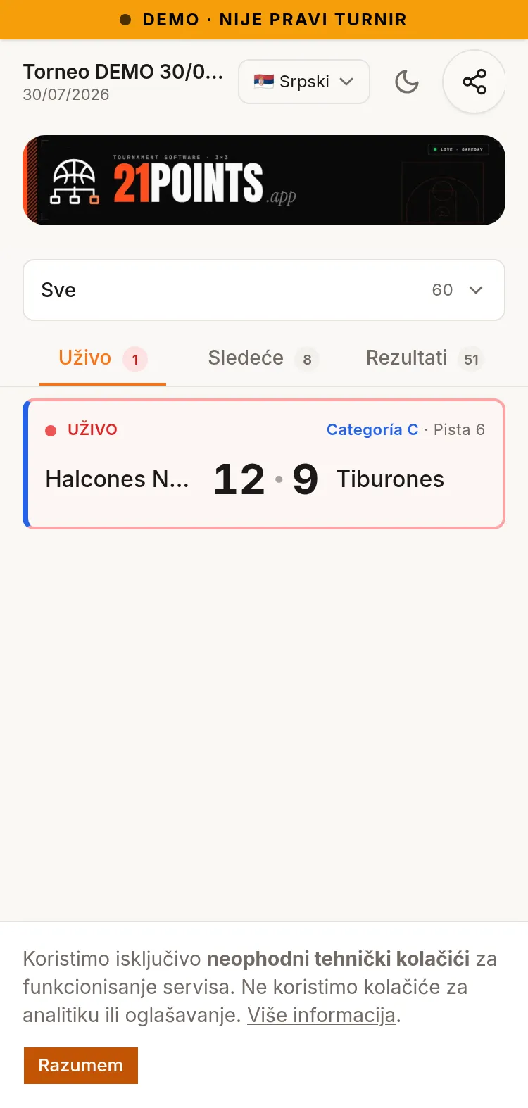 Virtuelno kolo događaja na telefonu: filteri po kategoriji, kartice Uživo, Sledeće i Rezultati, i utakmica UŽIVO sa rezultatom Halcones Norte 12 - 9 Tiburones.