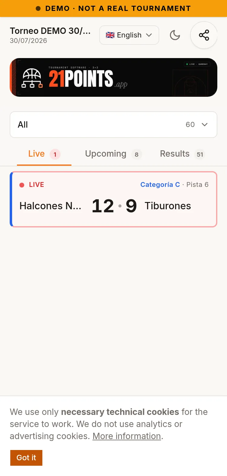 Virtual match day of the event on a phone: category filters, Live, Upcoming and Results tabs, and a LIVE game with the scoreboard Halcones Norte 12 - 9 Tiburones.