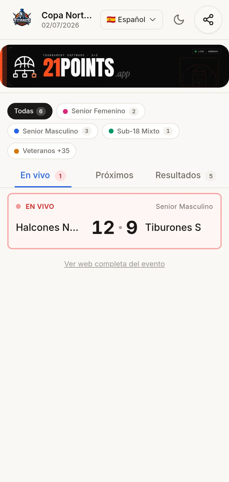 Jornada virtual del evento vista en un móvil: filtros por categoría, pestañas En vivo, Próximos y Resultados, y un partido EN VIVO con el marcador Halcones Norte 12 - 9 Tiburones.