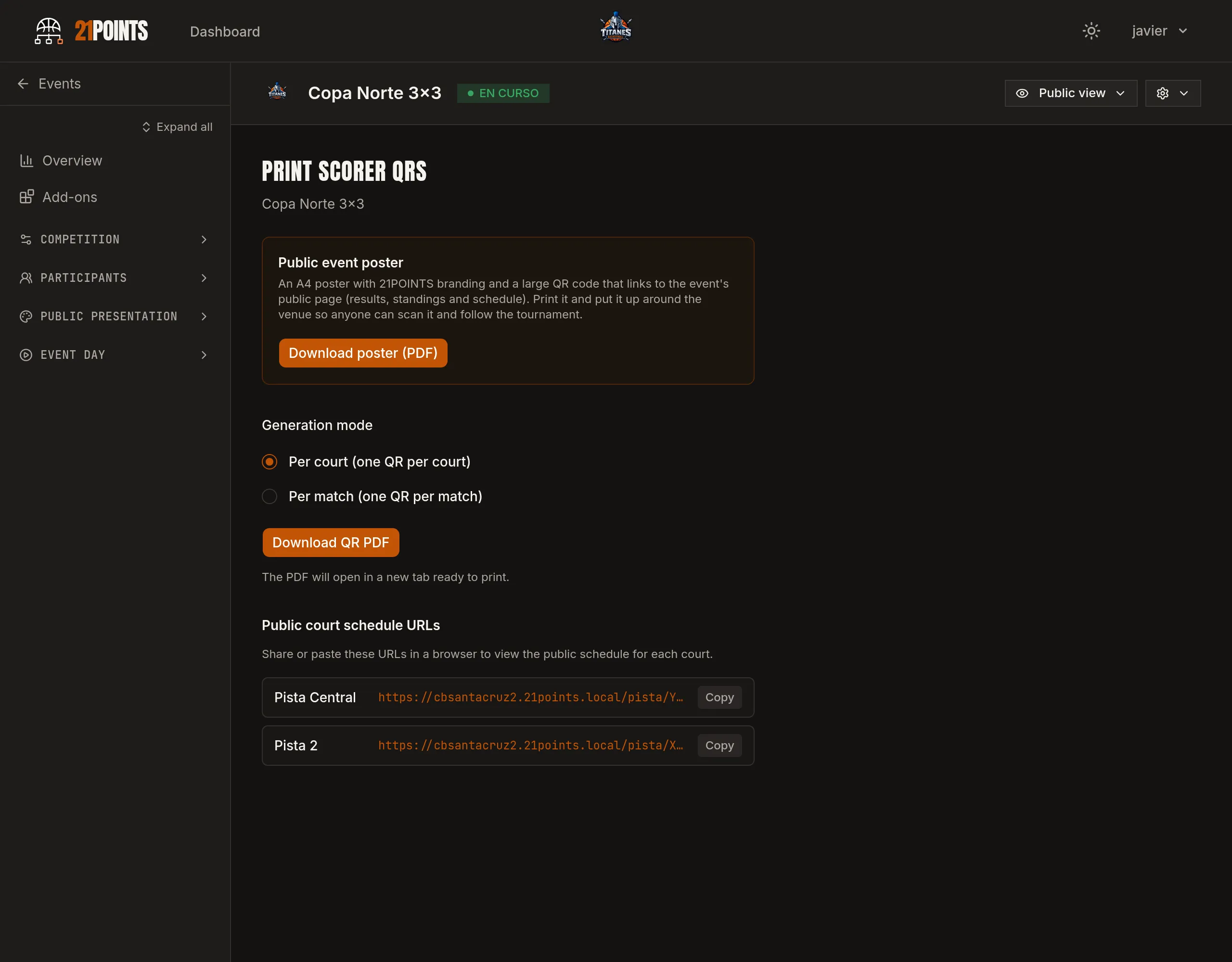 Print Scorer QRs screen in the admin panel, with the public event poster as a PDF, the per-court or per-game generation mode and the public agenda URLs of each court.