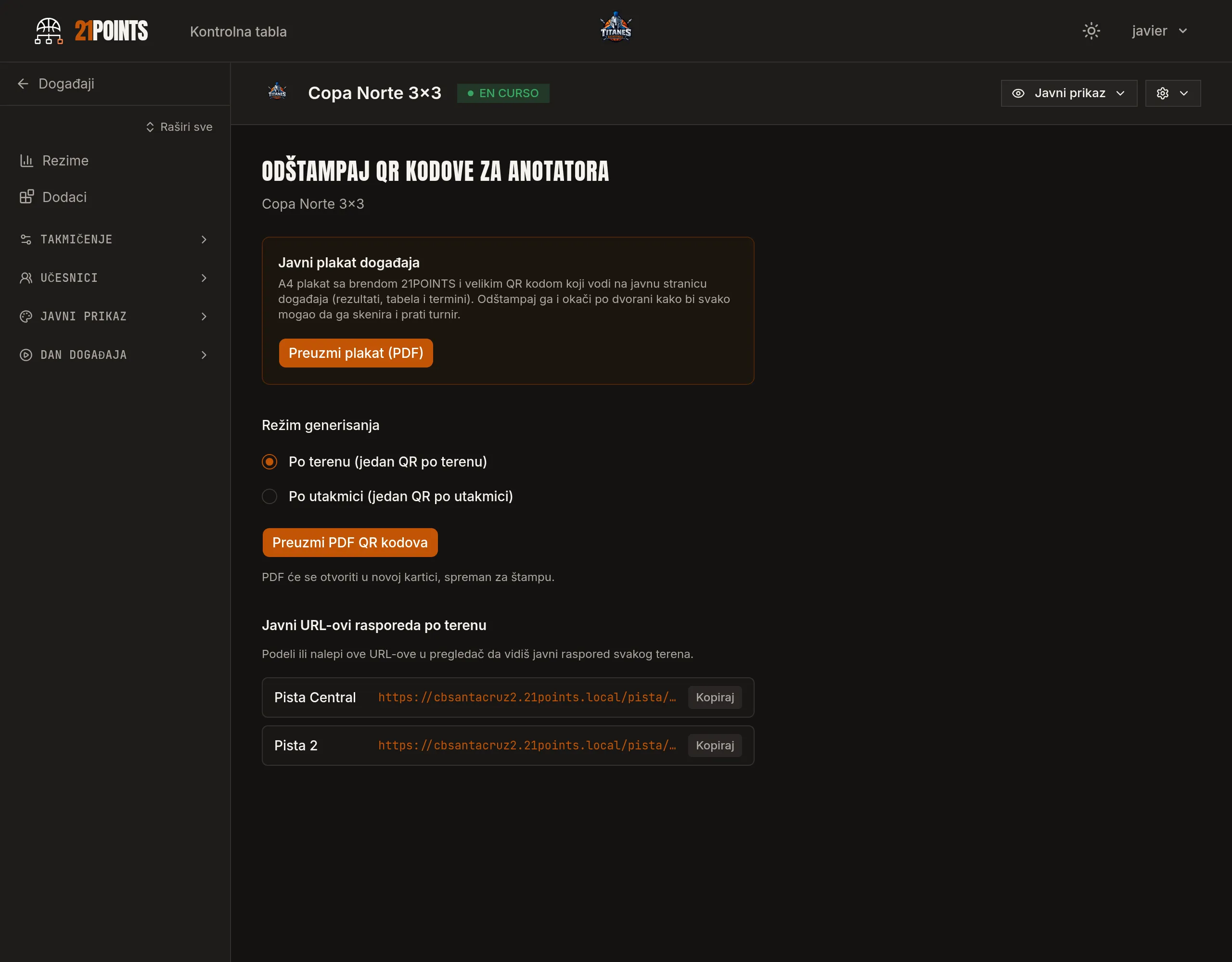 Ekran Odštampaj QR-ove Scorer u panelu, sa javnim posterom događaja u PDF-u, režimom generisanja po terenu ili po utakmici i javnim URL adresama agende svakog terena.