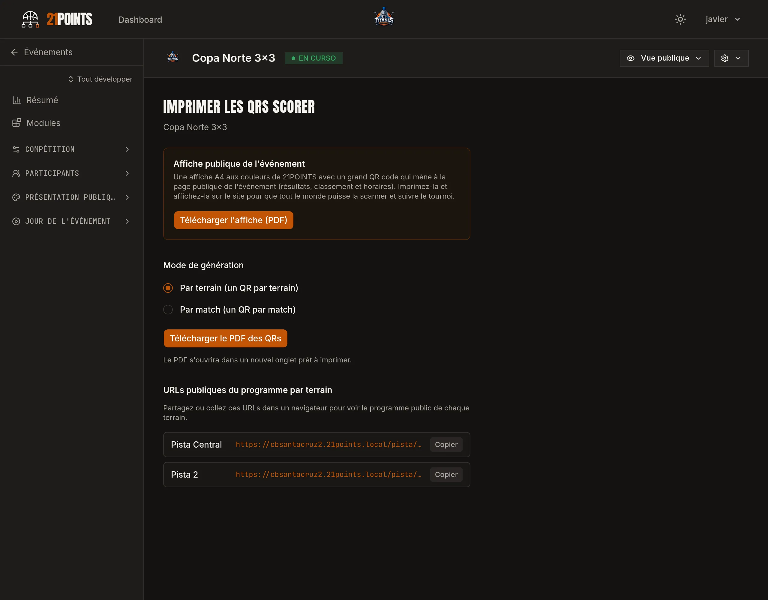 Écran Imprimer les QR Scorer du panneau, avec l'affiche publique de l'événement en PDF, le mode de génération par terrain ou par match et les URL publiques d'agenda de chaque terrain.