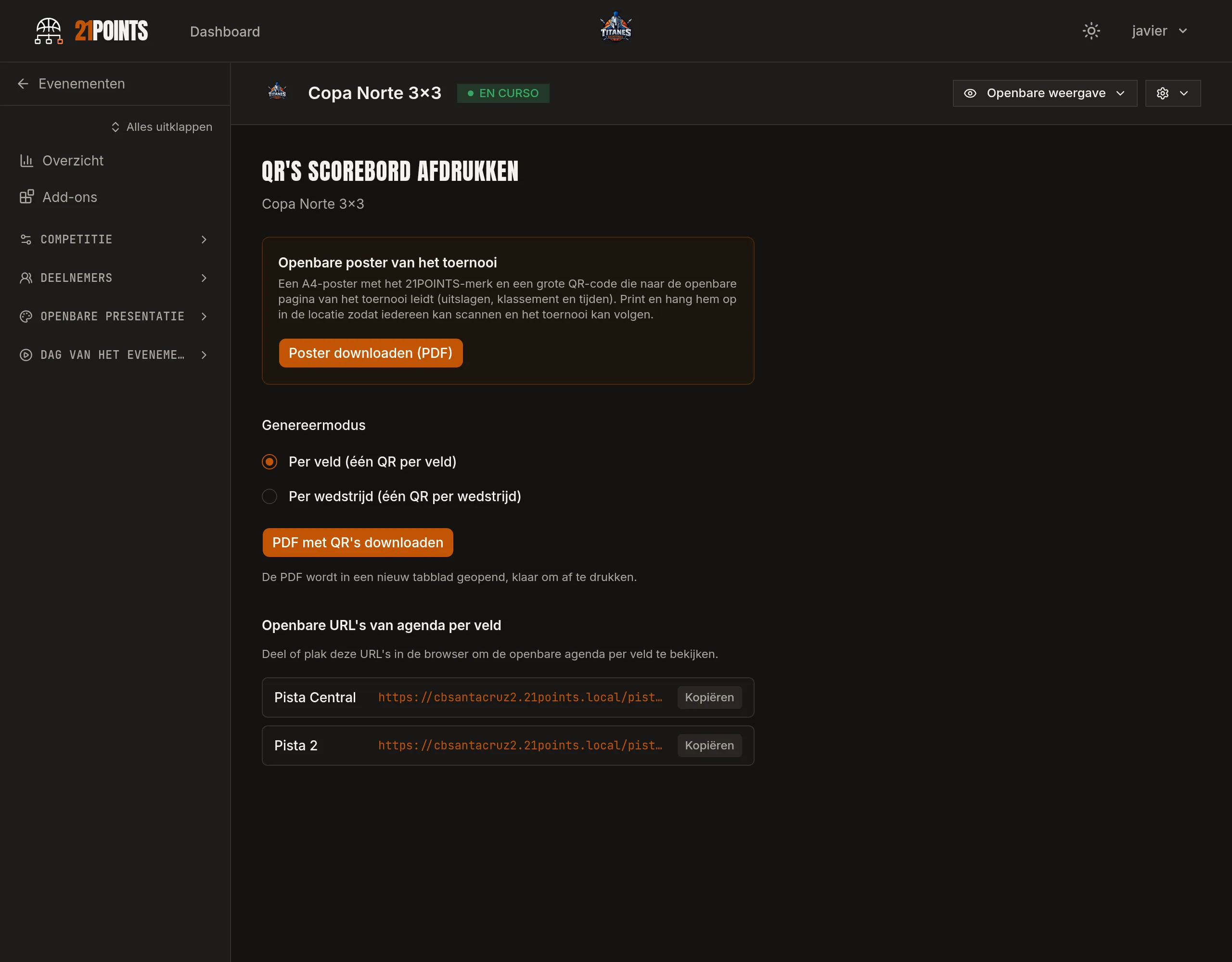 Scherm Scorer-QR's afdrukken van het paneel, met de publieke poster van het evenement als PDF, de generatiemodus per veld of per wedstrijd en de publieke agenda-URL's van elk veld.