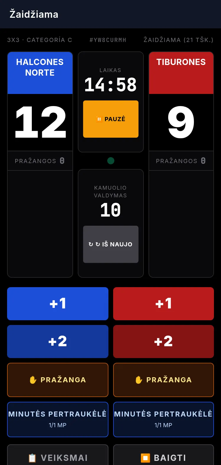 Scorer APP telefone vykstant rungtynėms: švieslentė Halcones Norte 12 - 9 Tiburones, rungtynių laikrodis 09:58, valdymas 10 sekundžių ir mygtukai +1, +2, pražanga ir minutės pertraukėlė kiekvienai komandai.