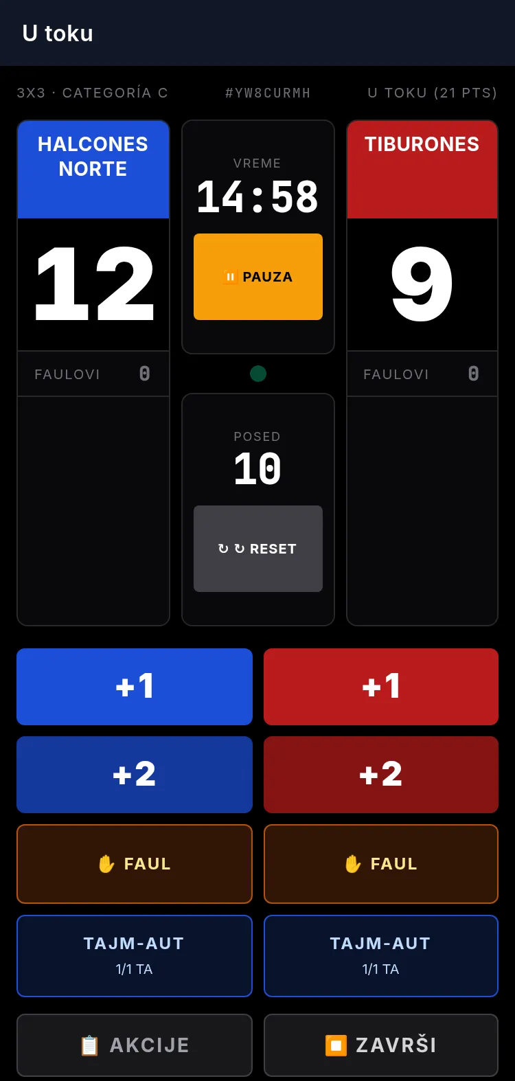 Scorer APP na telefonu tokom utakmice u toku: semafor Halcones Norte 12 - 9 Tiburones, sat utakmice 09:58, posed od 10 sekundi i dugmad +1, +2, faul i tajm-aut po ekipi.