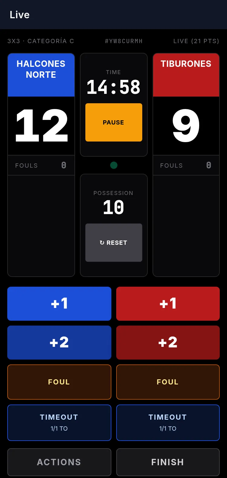 Scorer APP on a phone during a game in play: scoreboard Halcones Norte 12 - 9 Tiburones, game clock 09:58, 10-second shot clock and +1, +2, foul and timeout buttons per team.