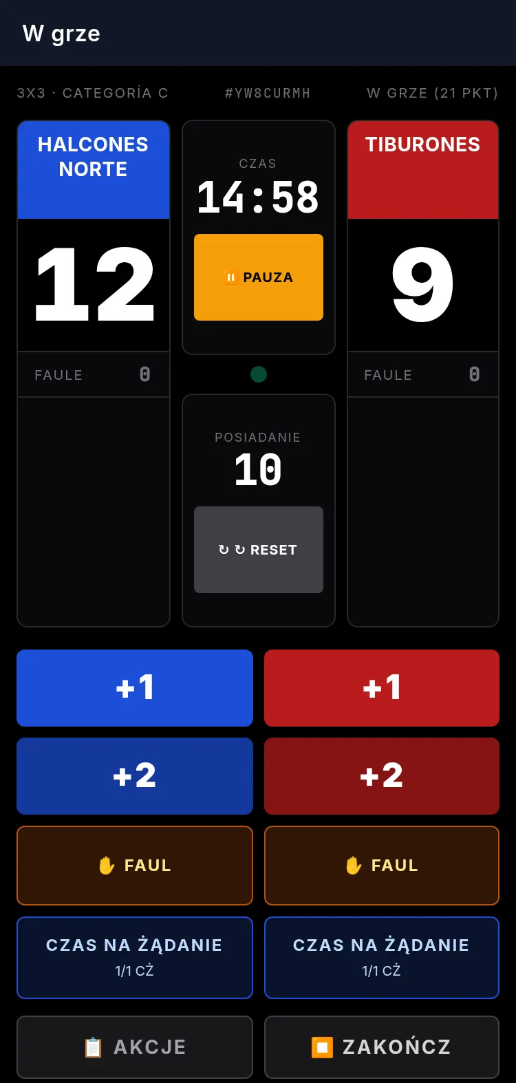 Scorer APP na telefonie podczas trwającego meczu: tablica Halcones Norte 12 - 9 Tiburones, zegar meczu 09:58, posiadanie 10 sekund i przyciski +1, +2, faul i czas na drużynę.