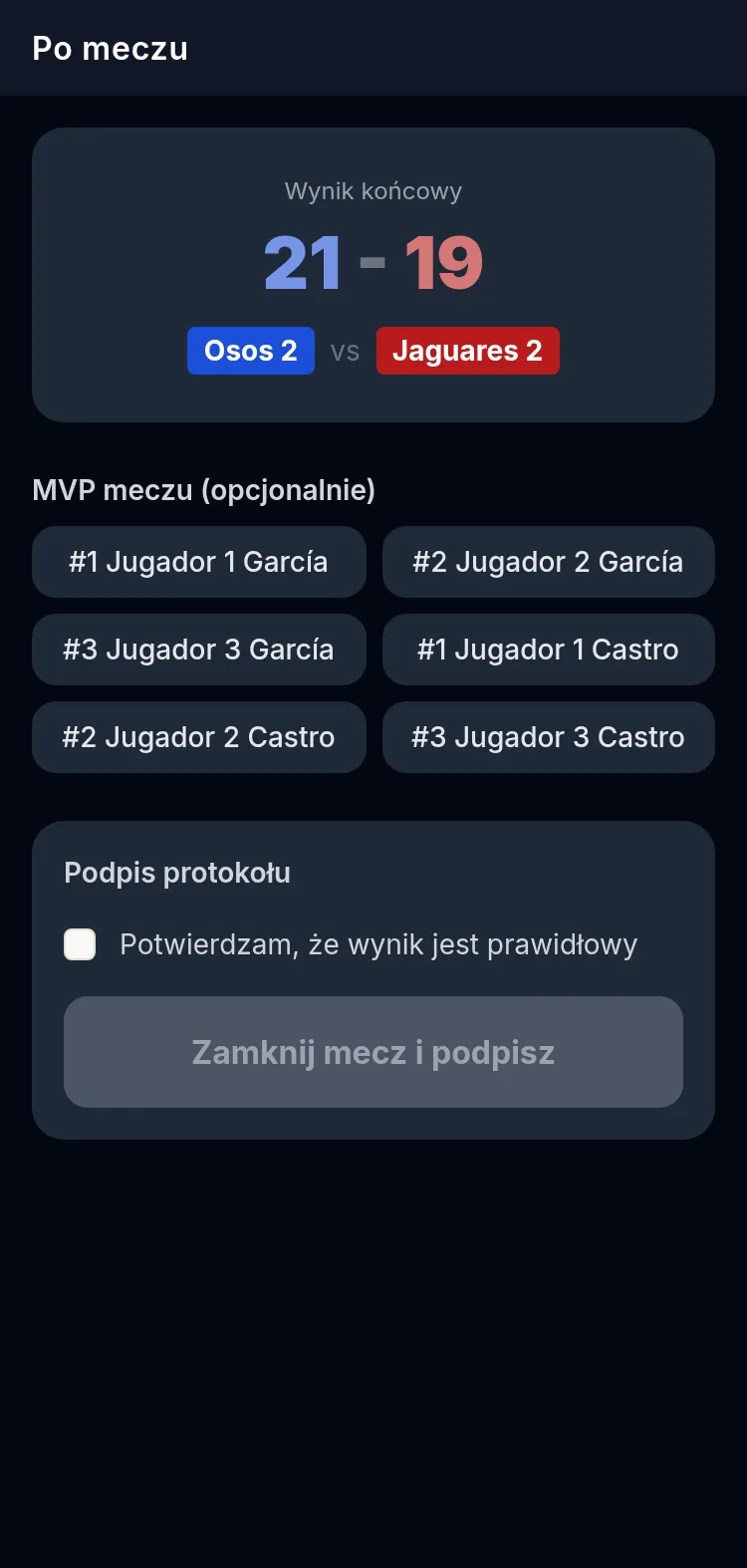 Ekran po meczu w aplikacji Scorer APP na telefonie: wynik końcowy z obiema drużynami, lista zawodników do wyboru MVP oraz blok podpisu protokołu z polem potwierdzenia poprawności wyniku.