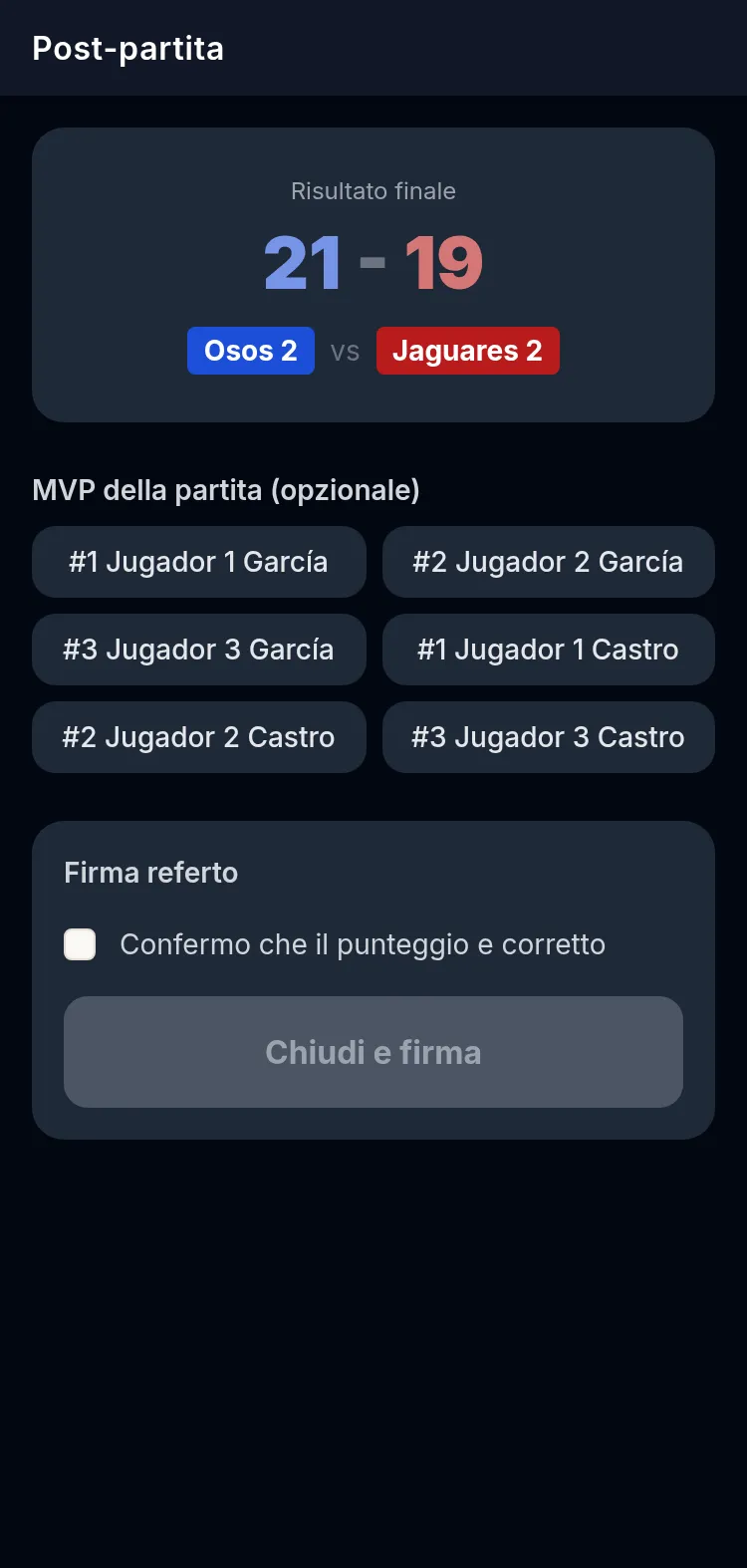 Schermata di dopo-partita della Scorer APP su un cellulare: il risultato finale con le due squadre, l'elenco dei giocatori per scegliere l'MVP e il blocco di firma del referto con la casella di conferma del punteggio.